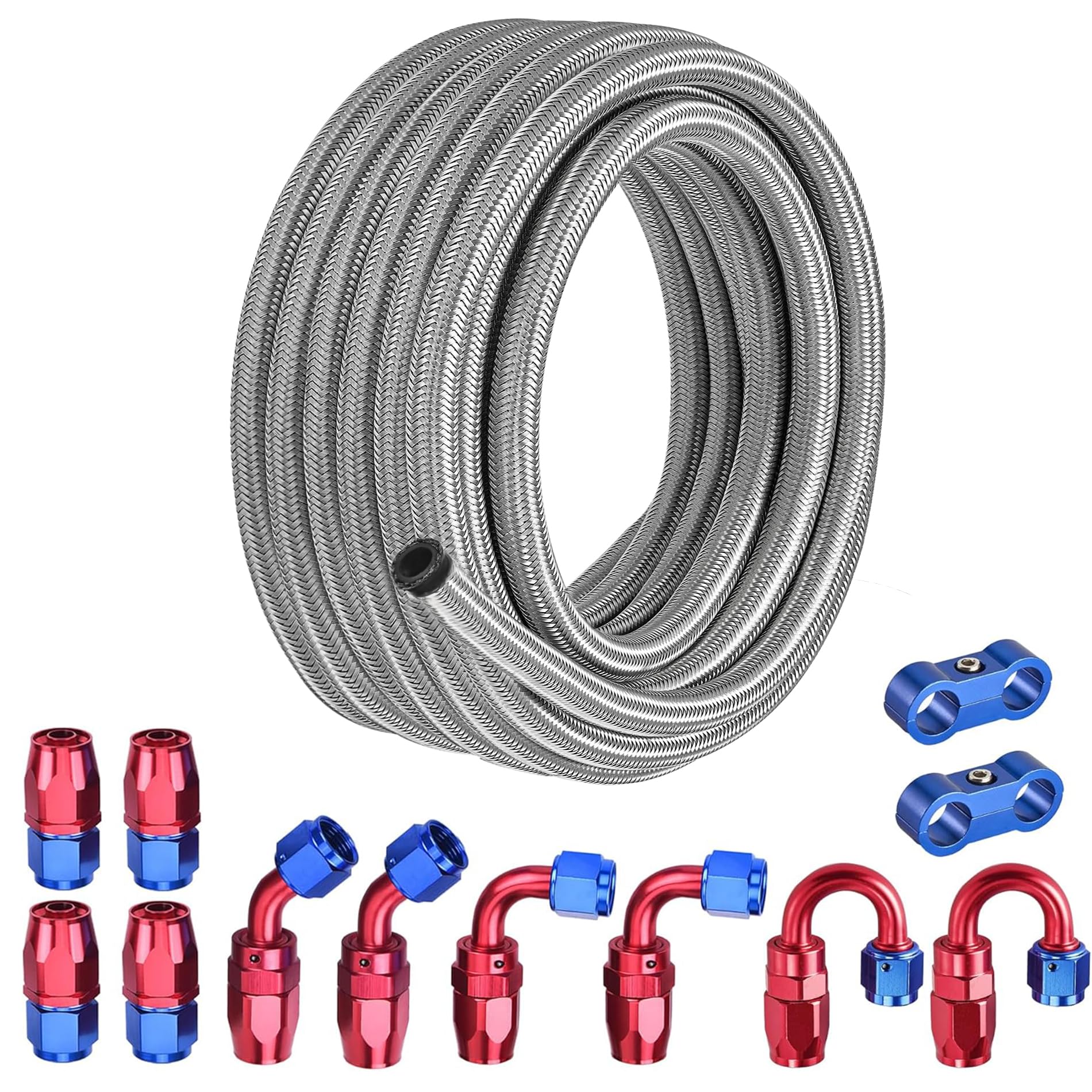 EVIL ENERGY 4AN Fuel Line Kit 20FT, 4AN Hose Stainless Steel Braided Fuel Line Hose Fitting Kit CPE, Silver