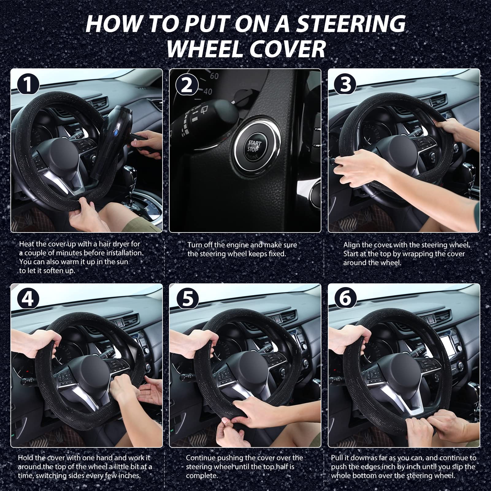 Seg Direct Diamond Flat Bottom Steering Wheel Cover, D Shaped Car Wheel Cover 14 1/2-15 In. (37-39 Cm), Bling Sparkly Rhinestone