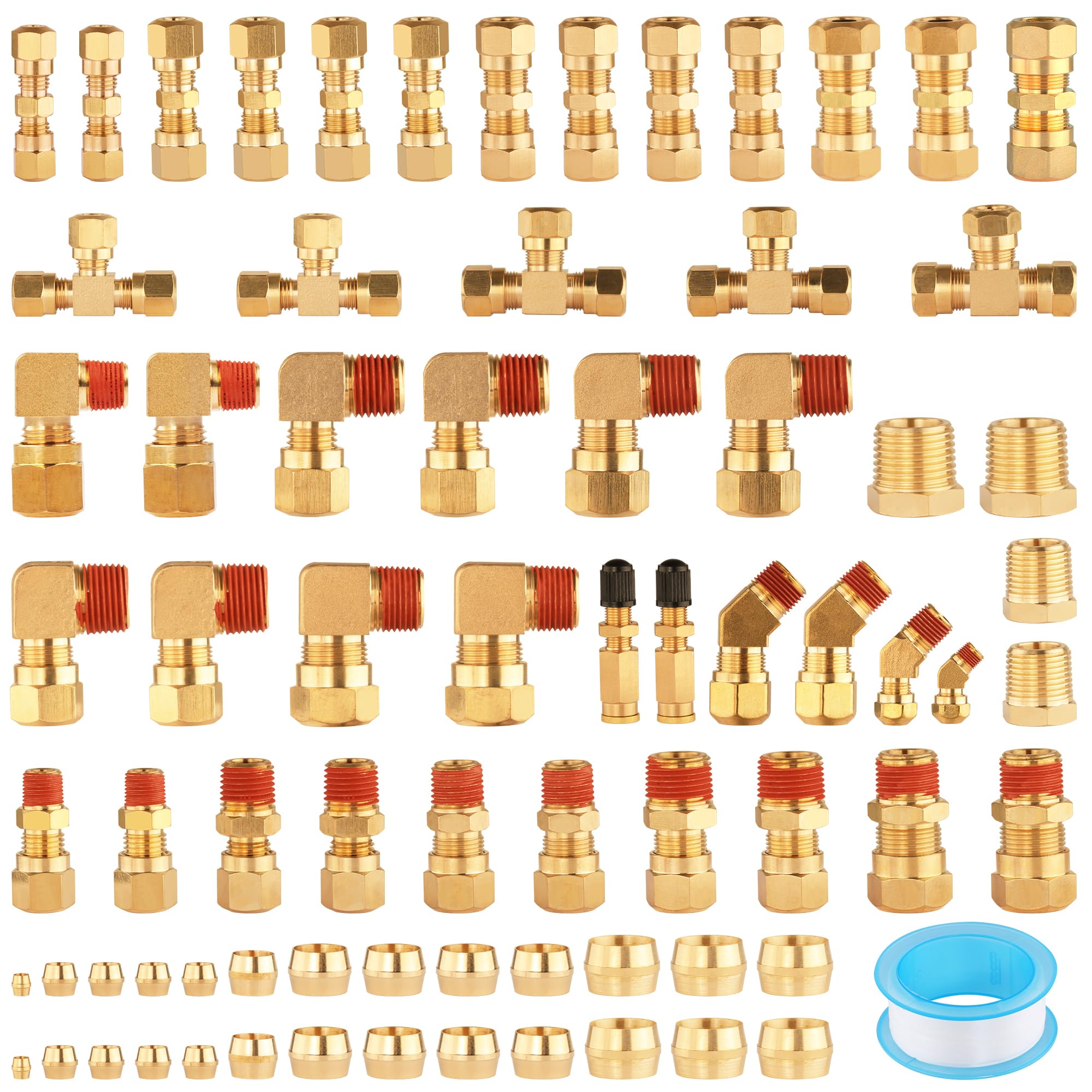 Ailbiuko 74Pcs Dot Air Brake Line Fittings,Brass Compression Air Nylon Tubing Fittings Assortment Kits 1/4'' 1/8'' 3/8'' 1/2'' 5
