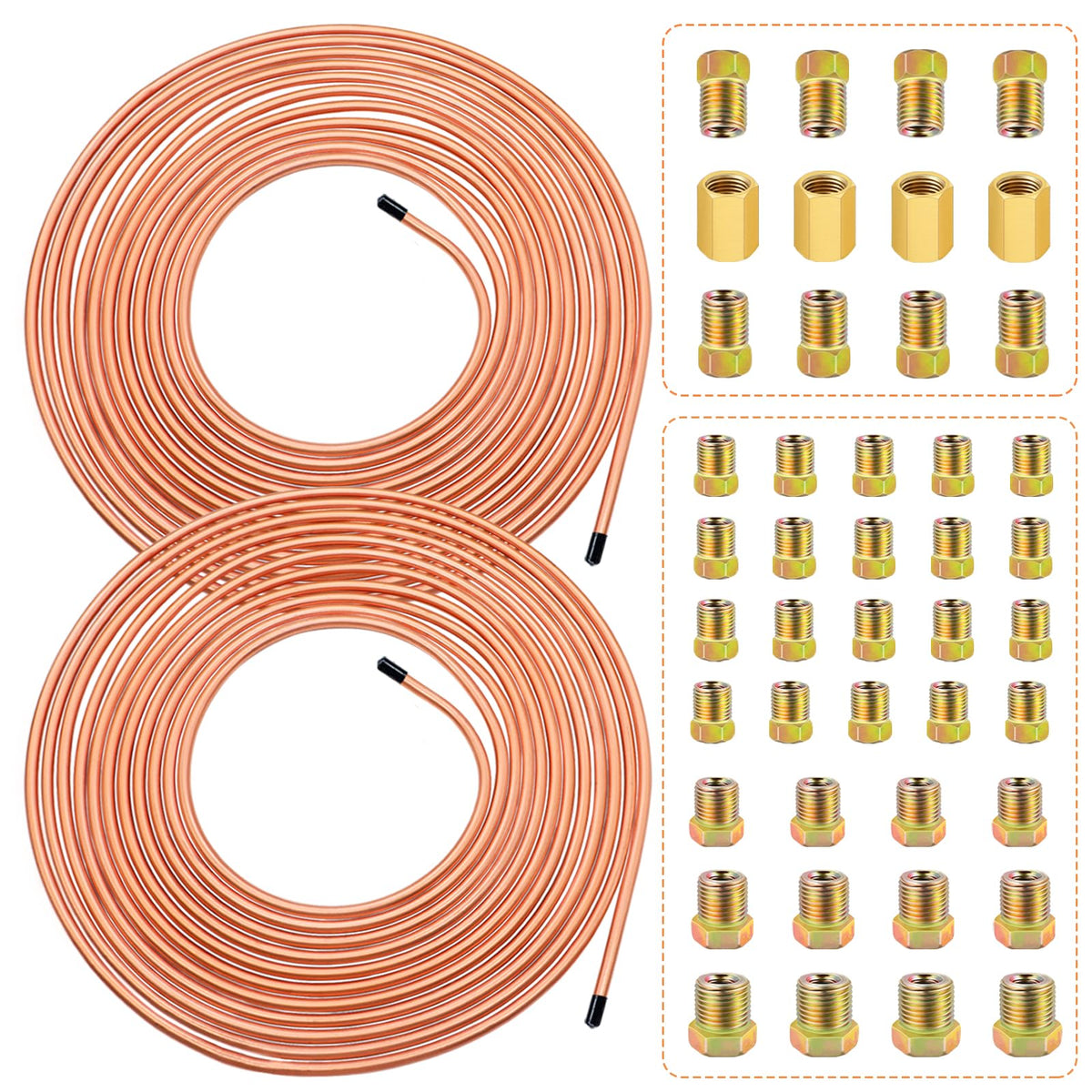 smseace 2Sets 25Ft. 3/16'' Brake Line Tubing Kit with Brake Line Fittings(Includes 32pcs Fittings and 4pcs Unions+8pcs Nuts) Cop