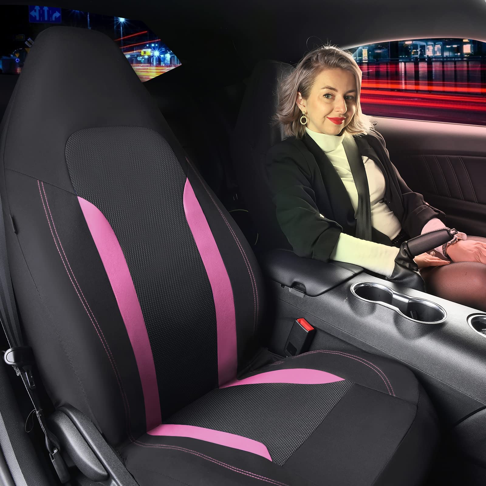 Car Pass Cargrand Universal 3D Air Mesh-100% Breathable Sporty Bucket Car Seat Cover Front Seats Only, Airbag Compatible,Fit Automotive Suv Truck Sedan Cute Women(High Back 2 Piece Front Black Pink)