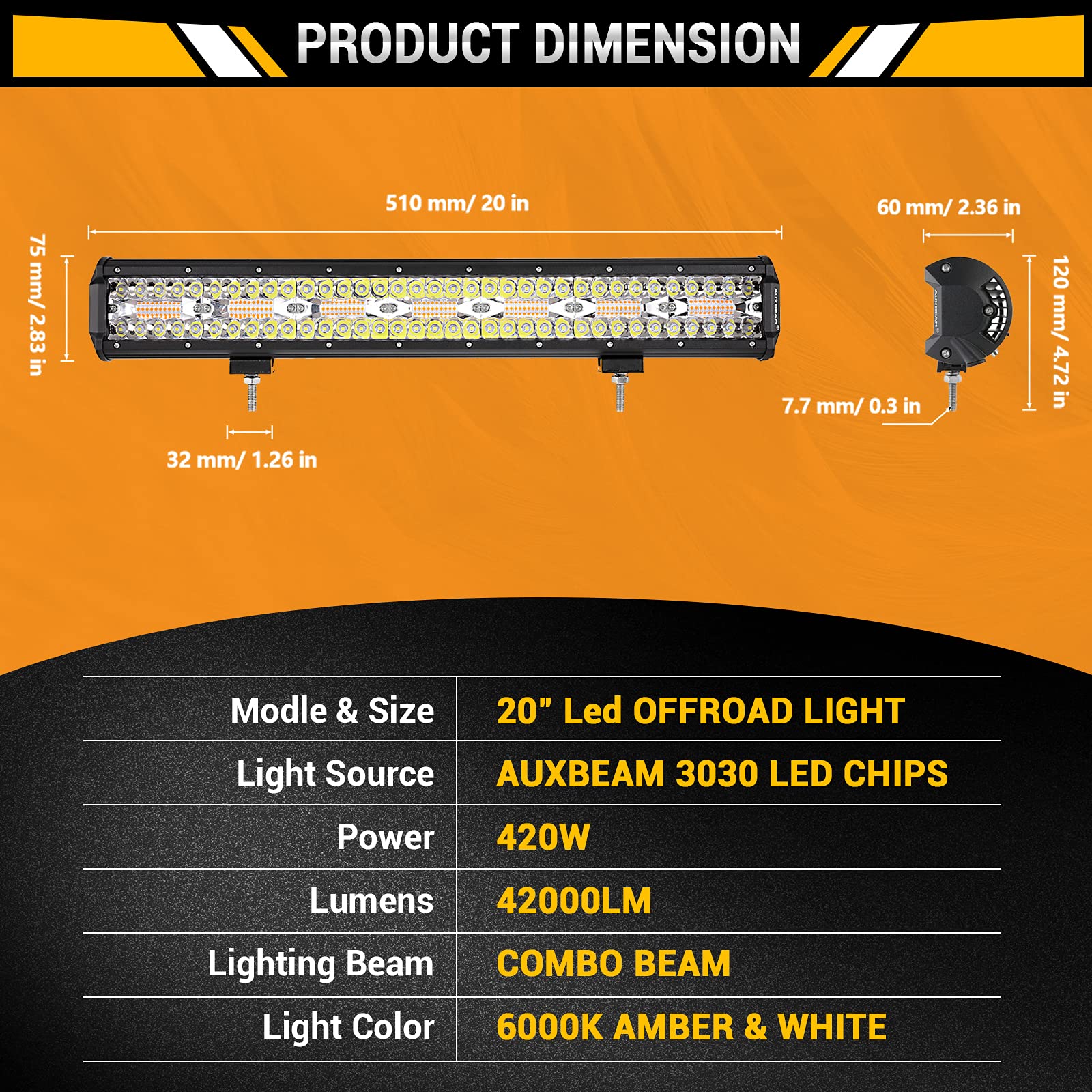 Auxbeam 20 Inch Led Light Bar 420W 6 Modes Amber White Strobe Light, Off-Road Driving Light Spot Flood Combo Work Light With 16A