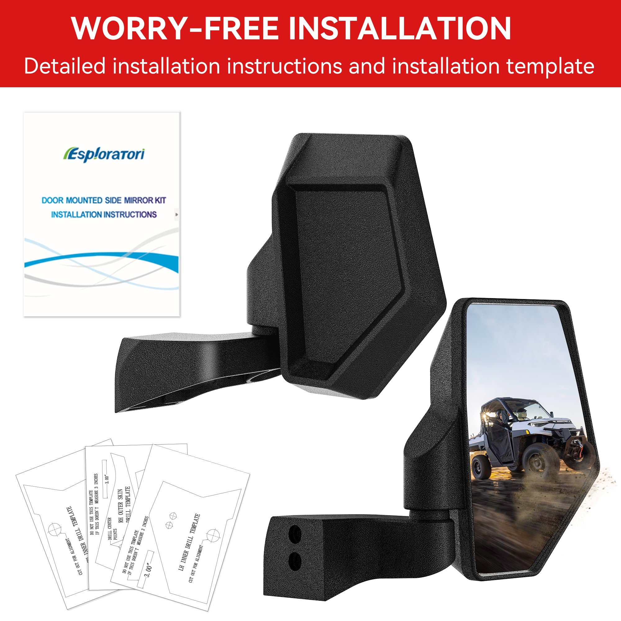 Esploratori Ranger Side Mirrors - Door Mounted, 7.95"x5.7", ABS, Black, Compatible with 2018-24 Polaris Ranger CREW SP XP 570 100