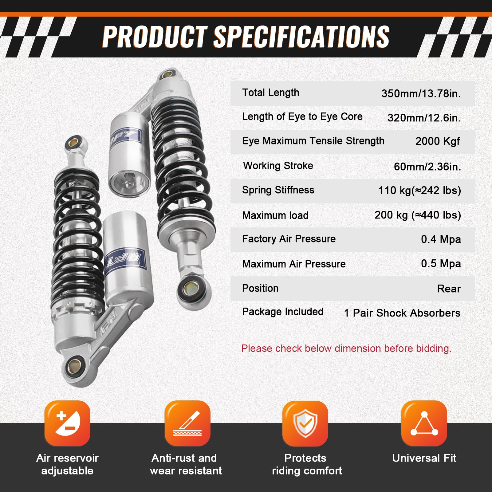 Gzyf 320Mm Universal Shock Absorbers Rear Suspension For Honda For Suzuki For Kawasaki For Yamaha Go Kart Atv Dirt Bikes,Silver