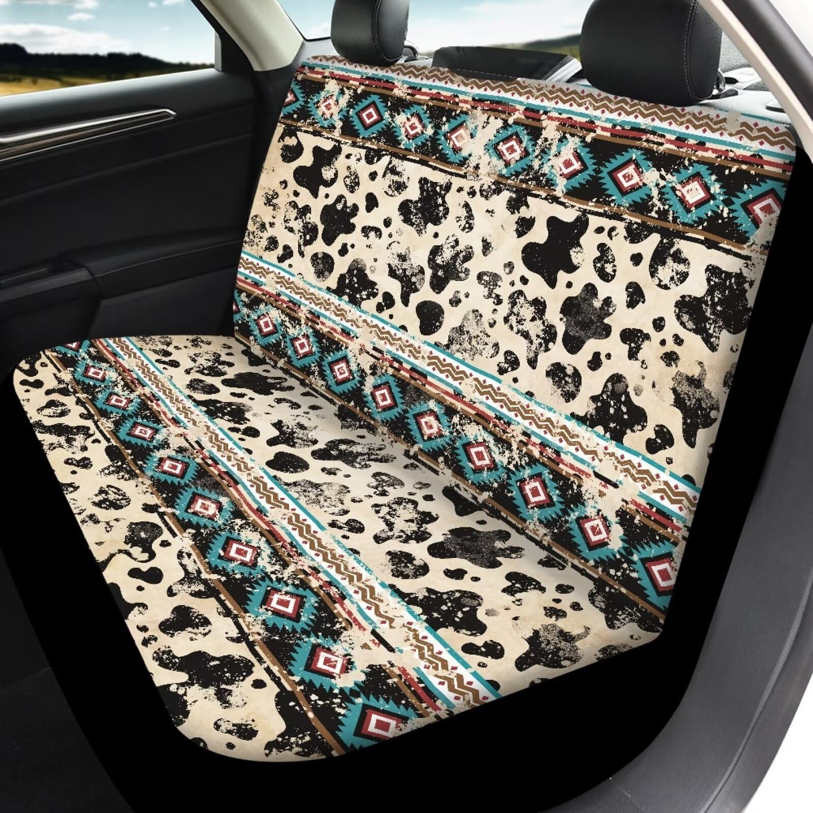 KEIAHUAN Aztec Tribal Cow Theme Car Seat Covers Breathable Anti-Slip Auto Seat Protector Front Seat Cover and Rear Bench Cover f