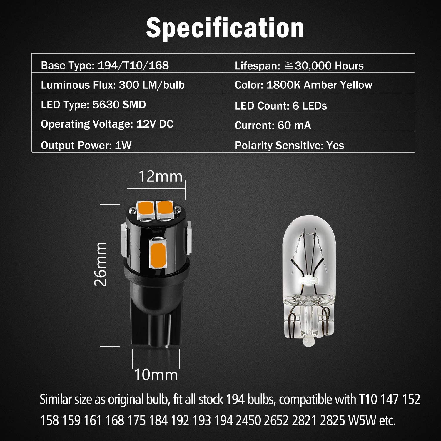 Brishine 194 Led Bulbs Extremely Bright Amber Yellow 5630 Chipsets 168 2825 175 T10 W5W Led Replacement Bulbs For Car Interior M