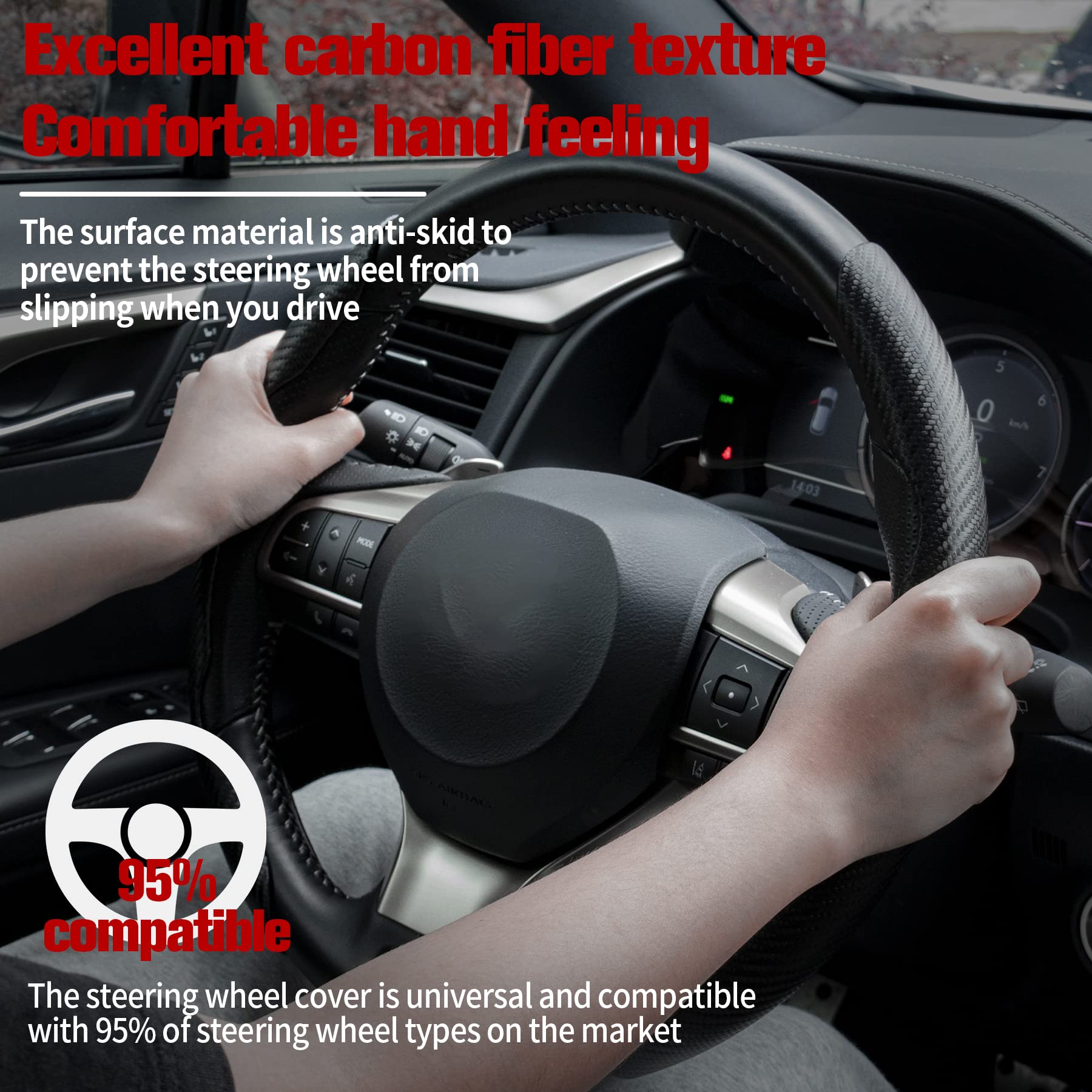 Amiss Car Carbon Fiber Anti-Skid Steering Wheel Cover, Segmented Steering Wheel Protector, Butterfly Cover, Universal 99% Car Wh