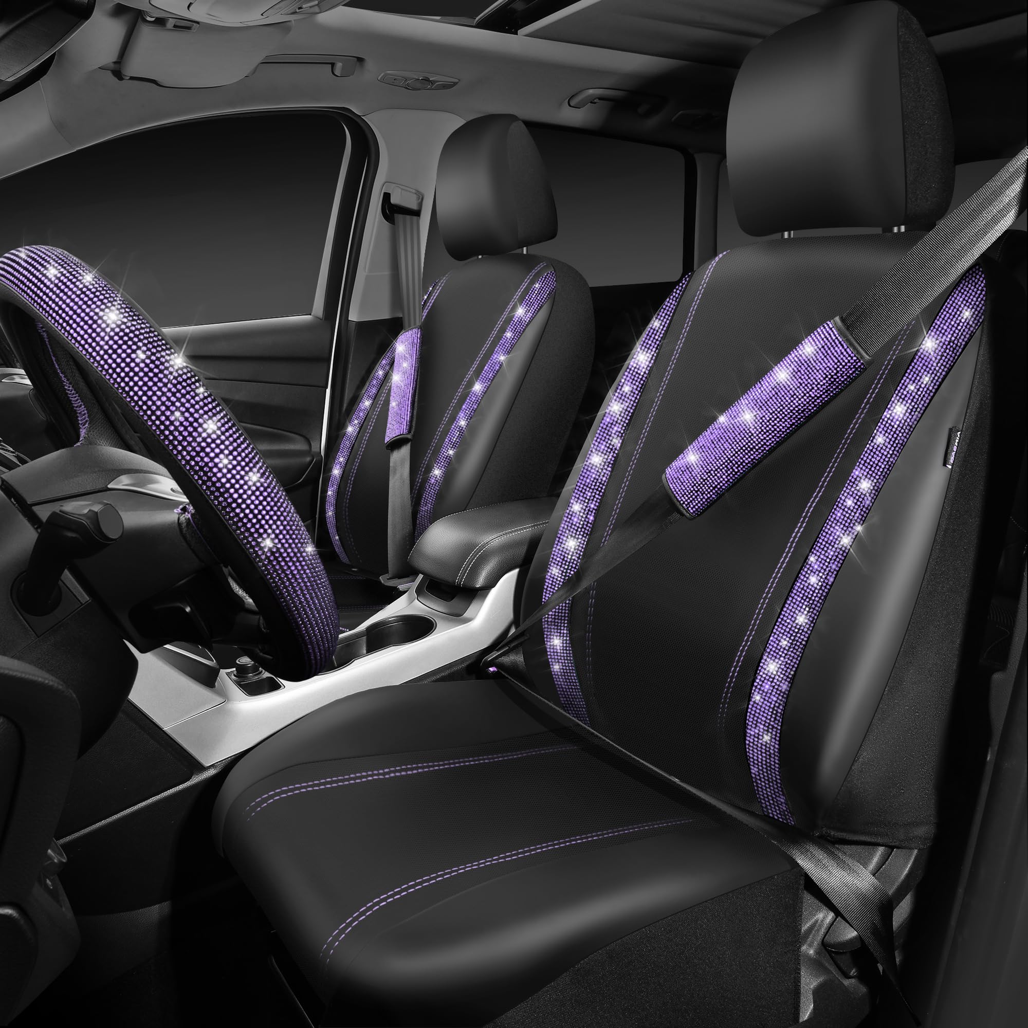 Car Pass Leather Diamond Bling Seat Covers Sets 11 Pcs, Bling Car Accessories Set For Women, Sparkly Rhinestone Steering Wheel C
