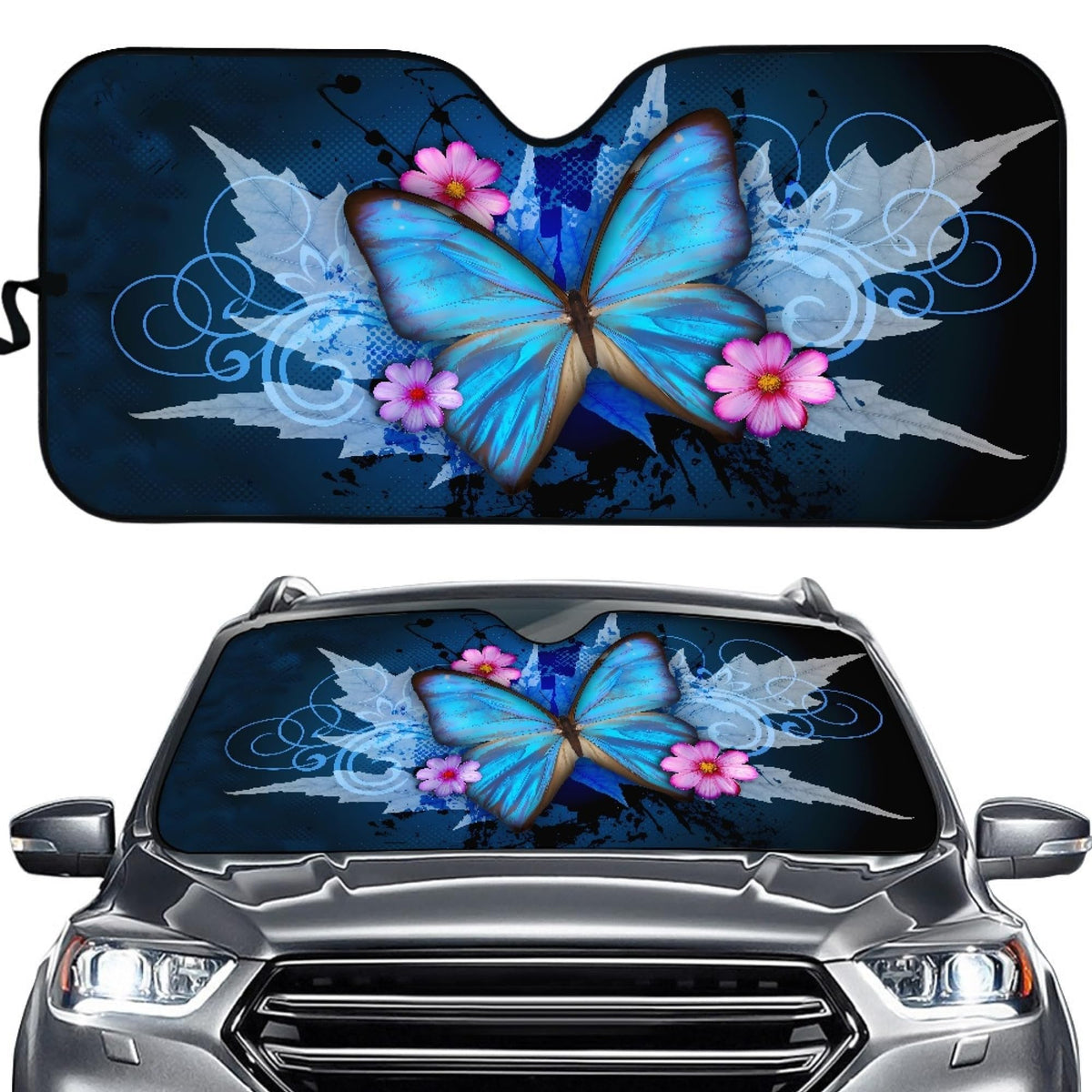 BIGCARJOB Car Windshield Sun Shade Butterflies Funny Accordian Outside UV Protective Sunshade Blue