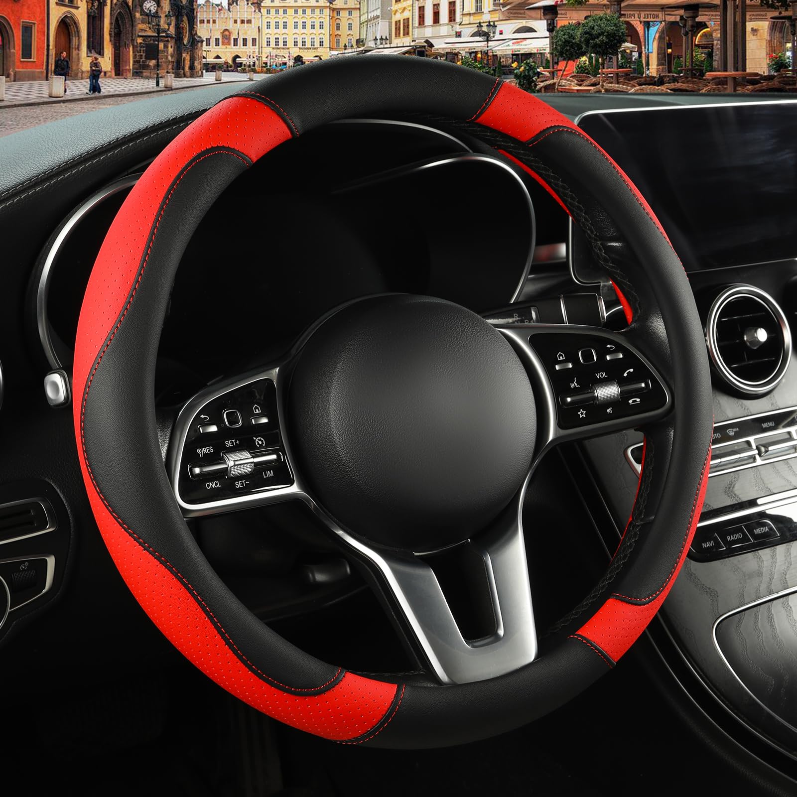 Binsheo Microfibre Leather Auto Car Steering Wheel Cover,Anti Slip 15 Inch,Black And Red