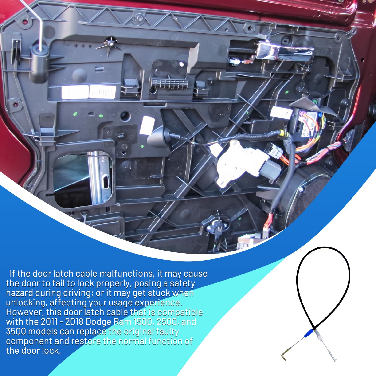 Door Latch Cable Front Left Driver Side Fits For 2011-2018 Dodge Ram 1500 2500 3500 Replaces 912-610 05165721Aa