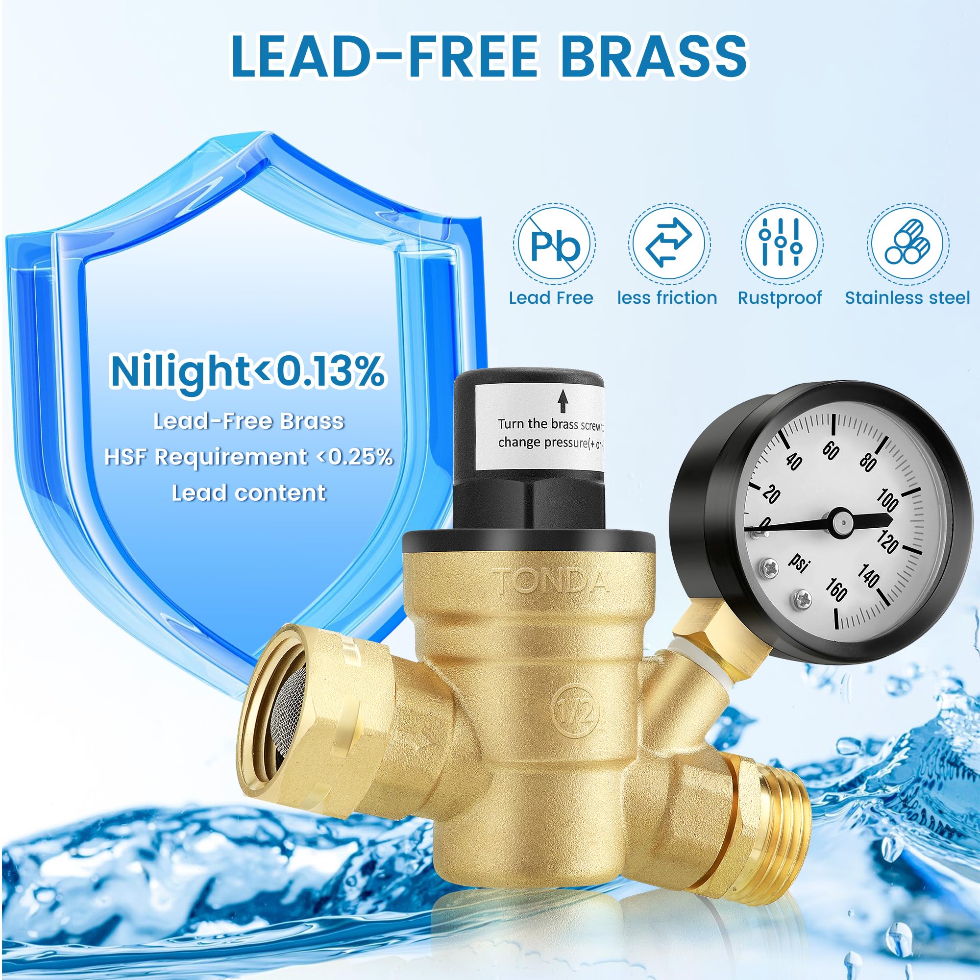 TONDA RV Water Pressure Regulator, Brass Lead-Free Adjustable Pressure Regulator with Gauge and Inlet Screen Filter for RV Campe