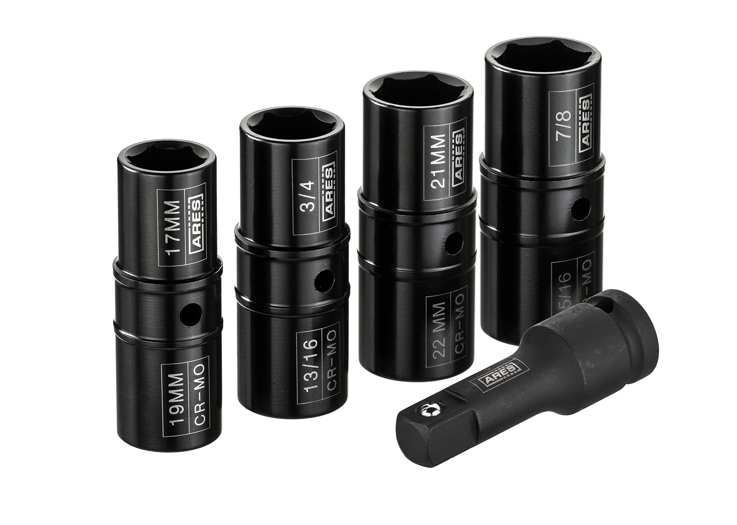 Ares 59010-5-Piece 1/2-Inch Drive Lug Nut Flip Socket Set - Includes 17Mm, 19Mm, 21Mm, 22Mm Metric Sizes & 3/4-Inch, 13/16-Inch,
