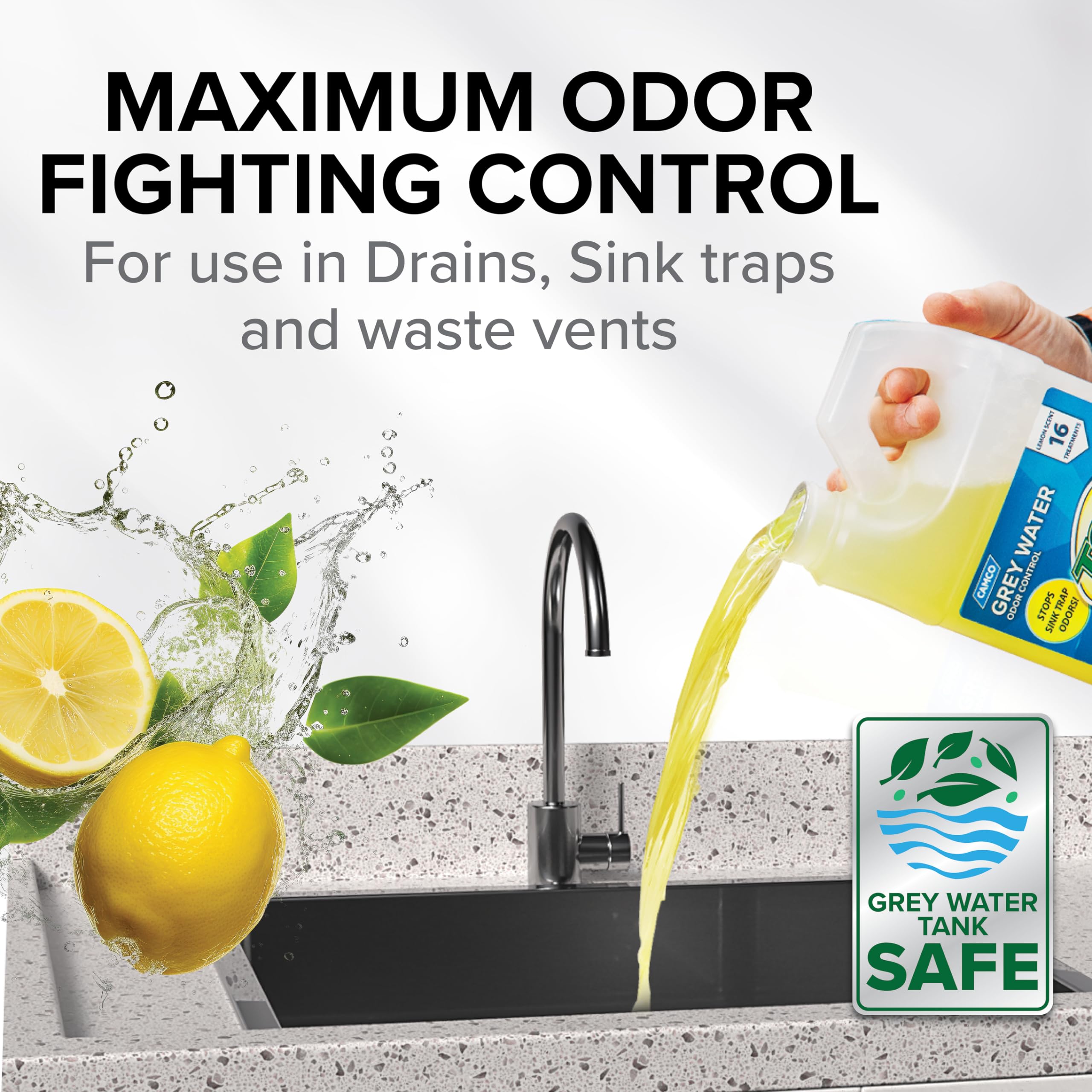 Camco Tst Camper/Rv Grey Water Odor Control - Removes Grease Buildup In Gray Water Tank, Sink & Shower Drains - 4Oz Treats 40-Gal Holding Tank - Safe Septic Tank Treatment - Lemon, 64 Oz (40256)