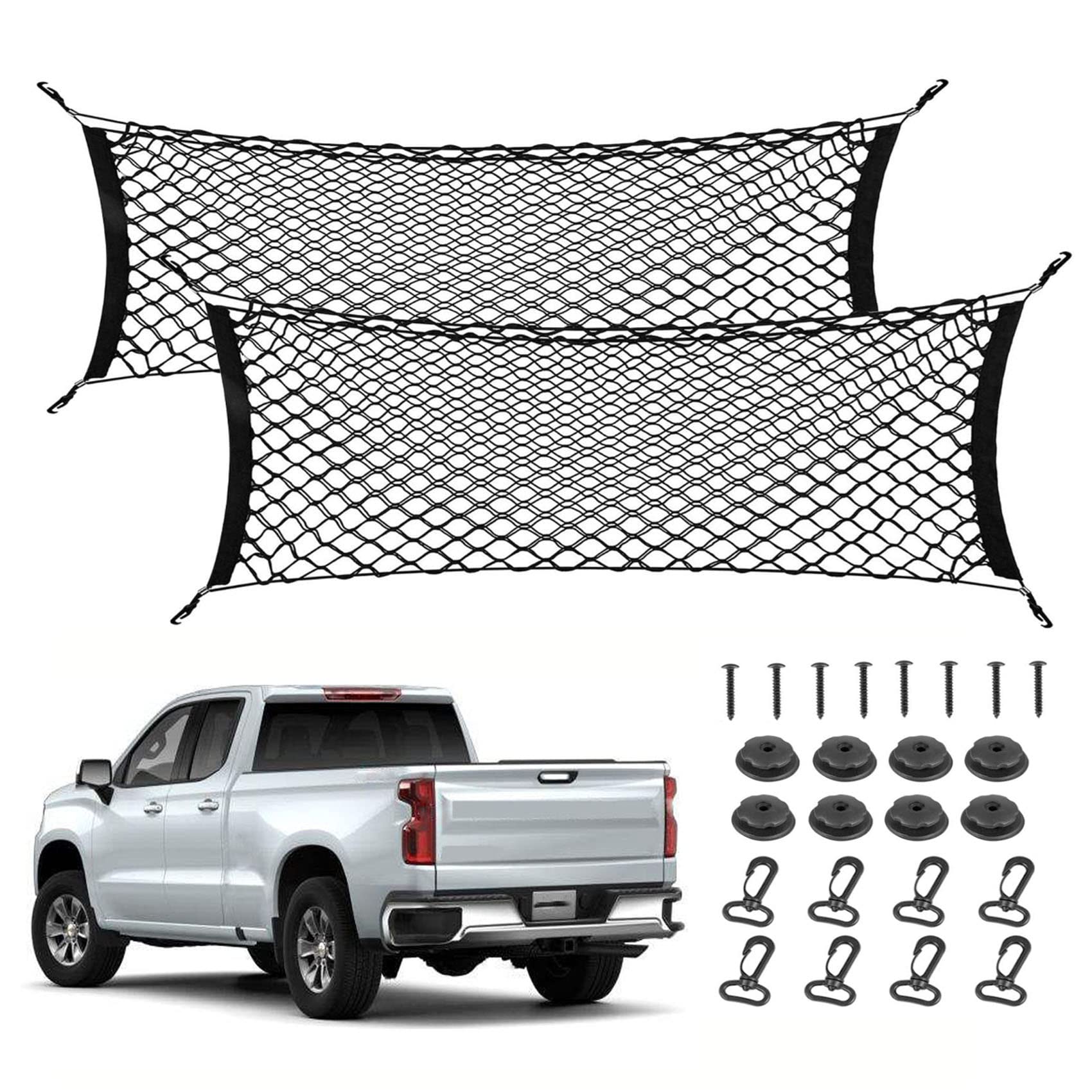 2Pcs Truck Bed Cargo Net For Pickup, 52''- 66'' Heavy Duty Envelope Truck Trunk Cargo Storage Organizer Mesh Net Truck Bed Accessories For Ford F150 Chevy Silverado Wt Ls Ltz Gmc Sierra (4.3Ft-5.5Ft)