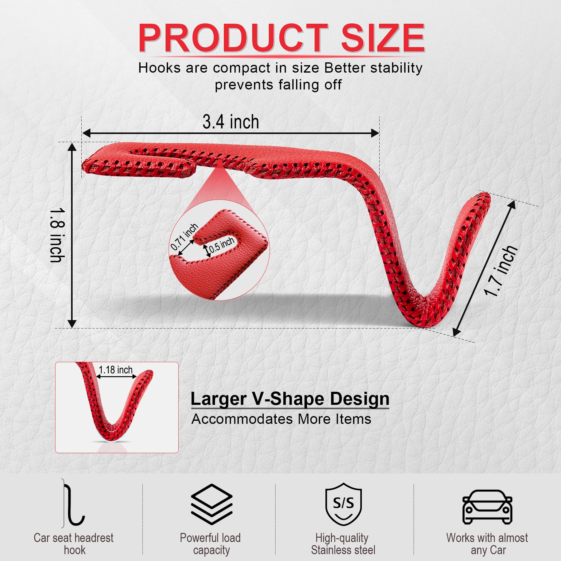 Livtee Red Superior Leather Car Seat Back Headrest Hook, Auto Seat Hook Hangers Interior Accessories For Purse Coats Umbrellas G