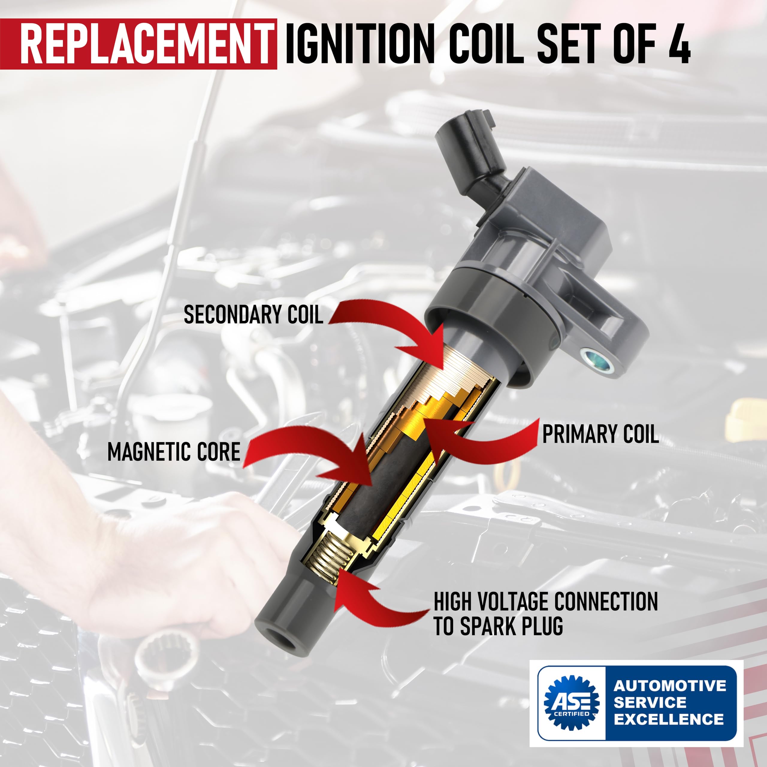 Ignition Coil Pack Set of 4 by AA Ignition - Compatible with Hyundai & Kia 2.0L, 2.4L, 4.6L 2008-2017 - Santa Fe, Sonata, Tucson