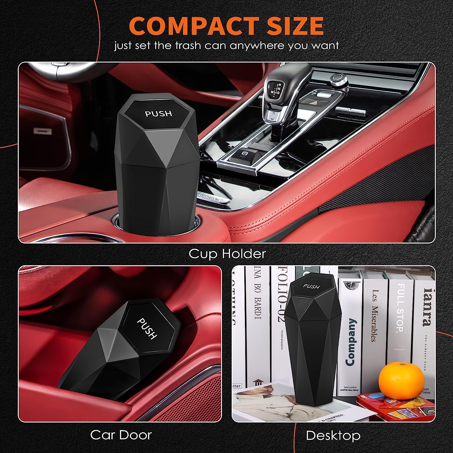 HOTOR Car Trash Can with Lid - Leakproof Mini Garbage Bin, 15 Trash Bags Included, Black, Model US11013