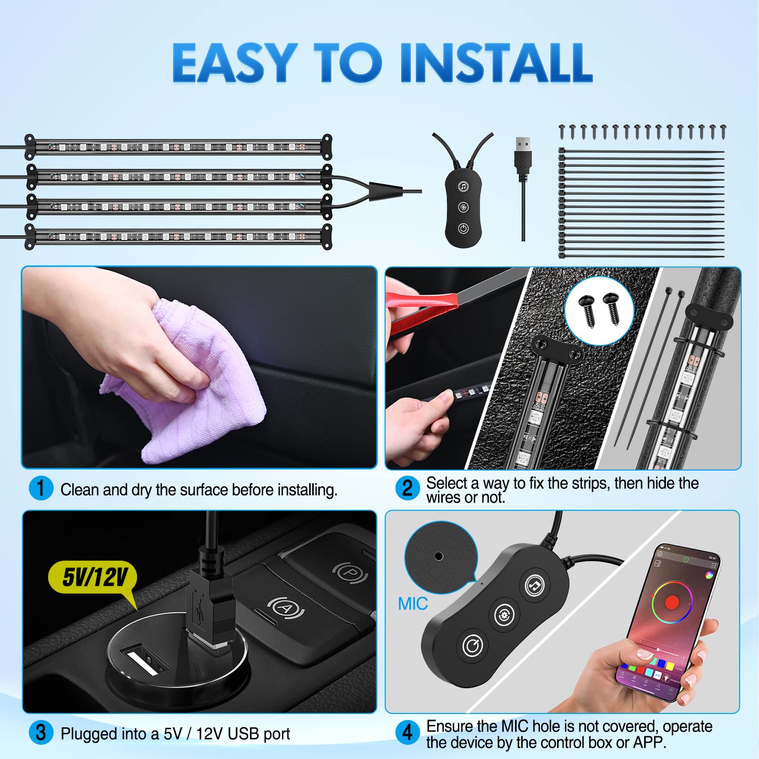 Nilight 4Pcs Usb Interior Car Lights 48 Leds Rgb Led Strips Lights With App Control Music Sound Active Mode Under Dash Footwell