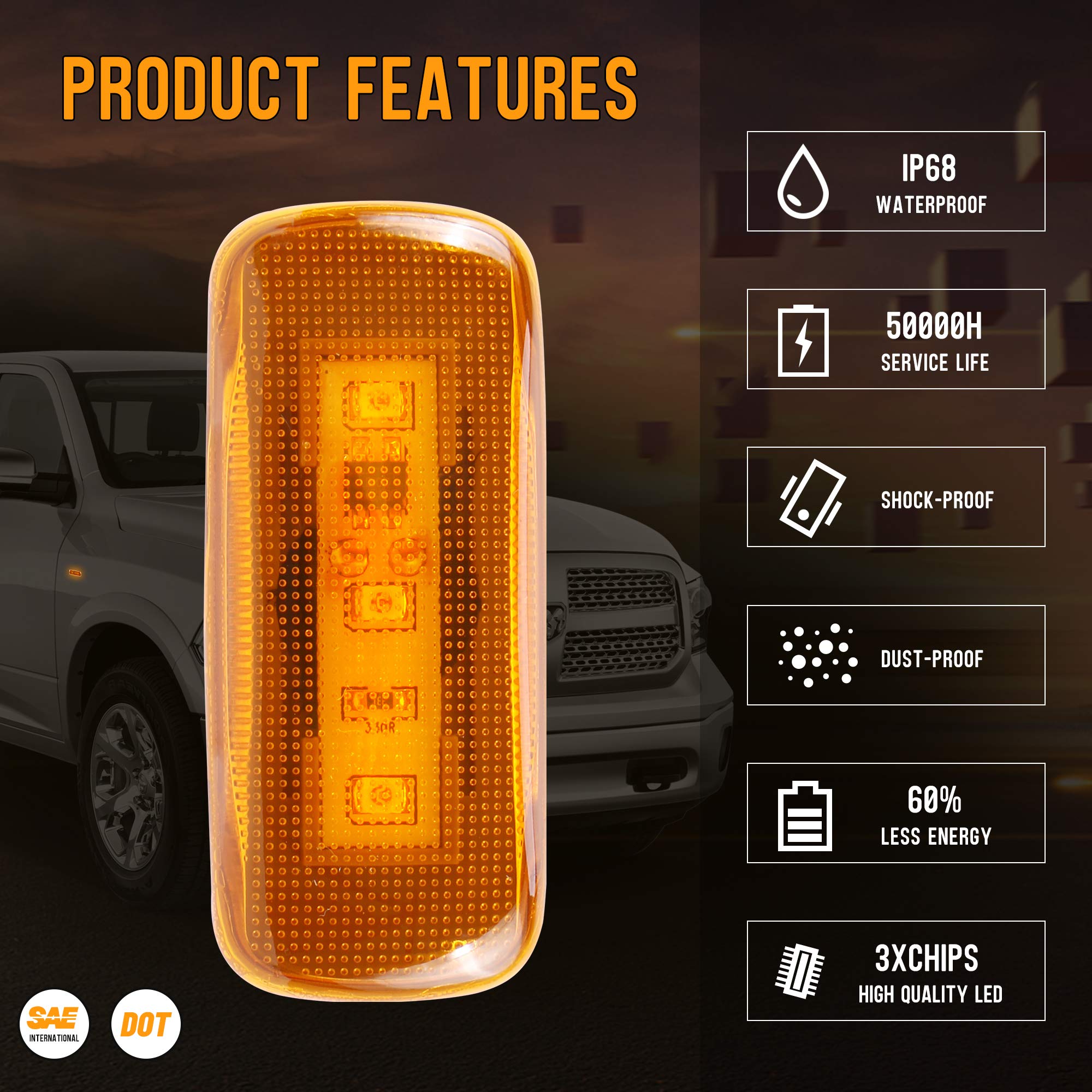 Husuku 4Pcs Dual Cab Bed Fender Led Side Marker Lights For 2010-2017 Dodge Ram 2500 3500 (2X Amber, 2X Red)