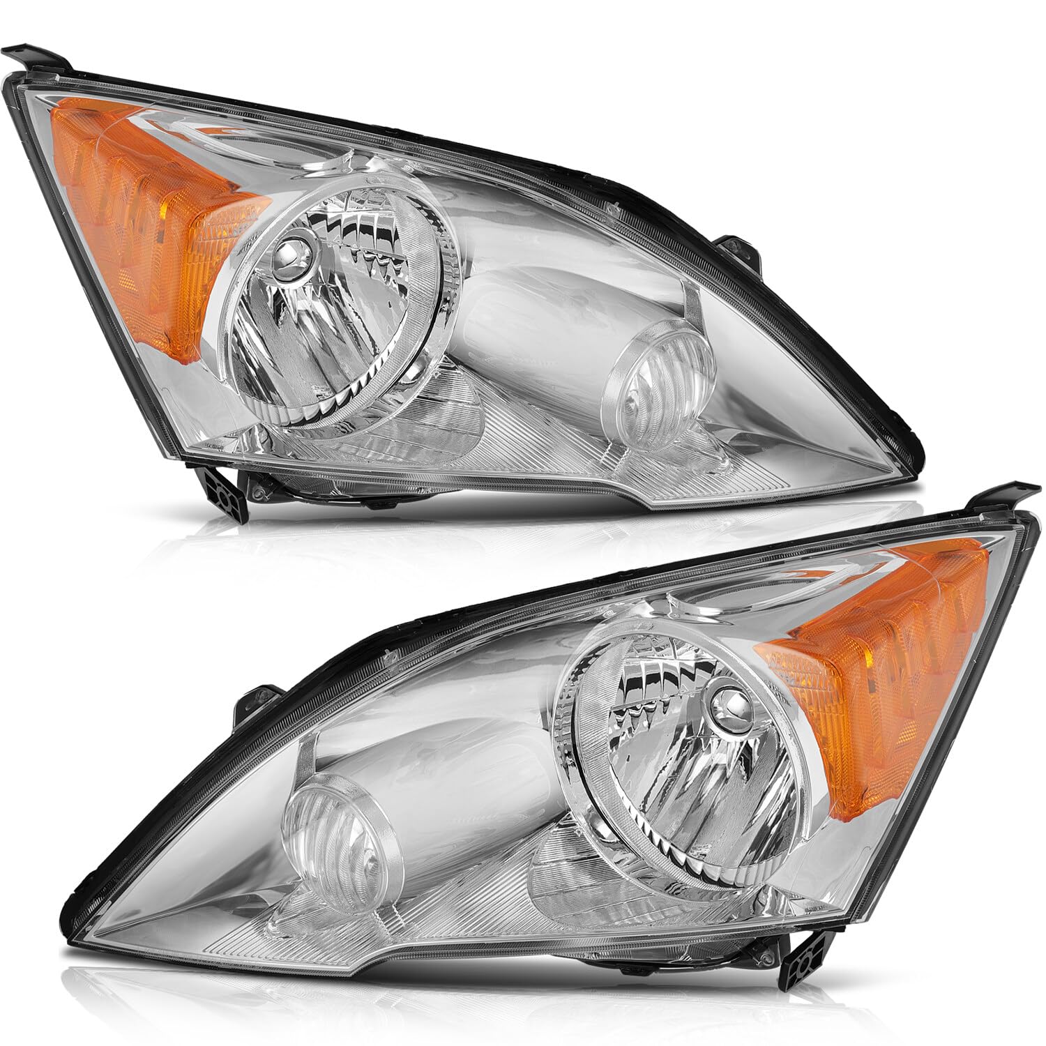 OCPTY Headlight Assembly Pair Replacement For 2007-2011 for Honda CR-V Chrome Housing Amber Reflector Clear Lens Bulbs Not Inclu