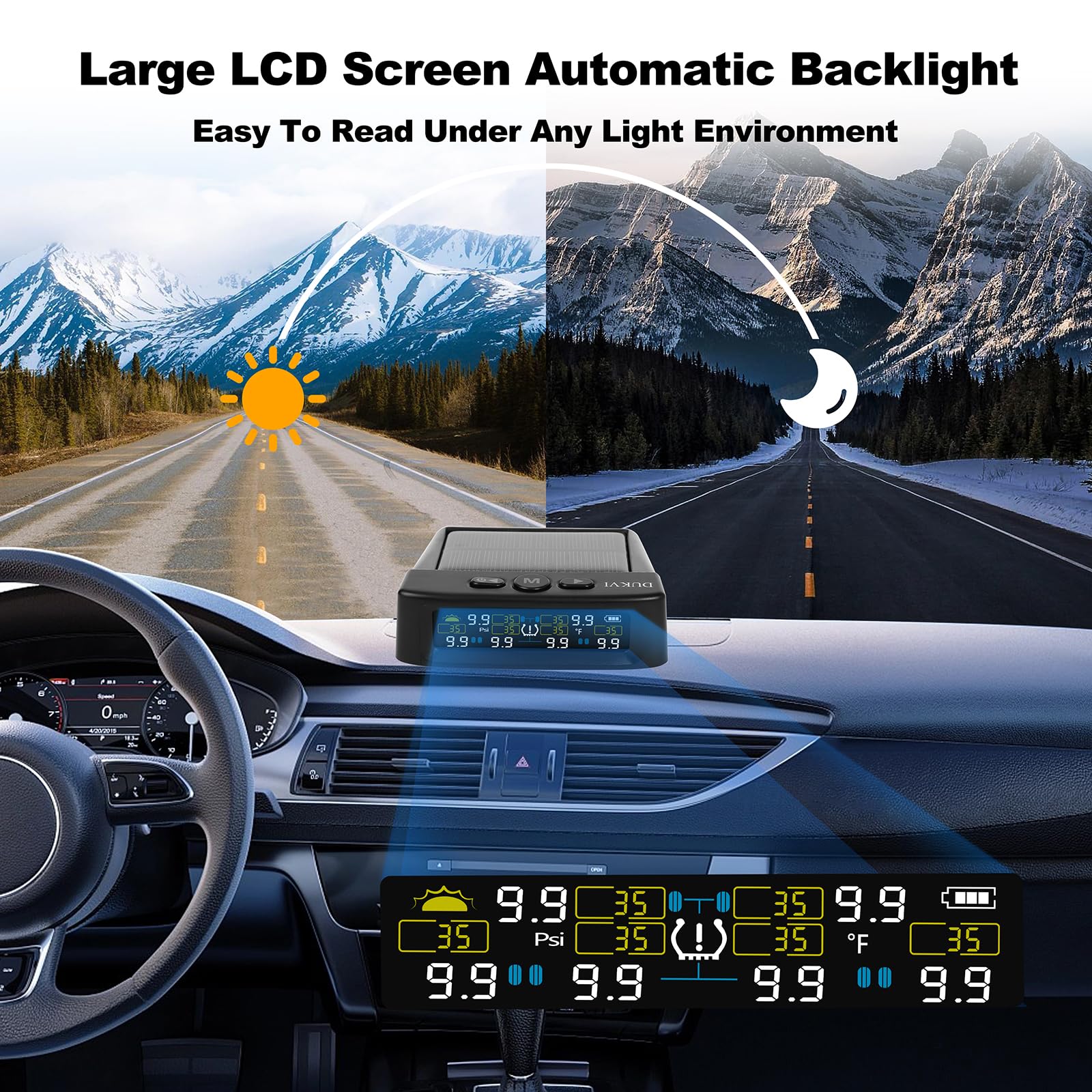 RV Tire Pressure Monitoring System with Solar and USB Charger, Trailer TPMS with 6 Sensors & 6 Alarm Modes, LCD Display Screen,