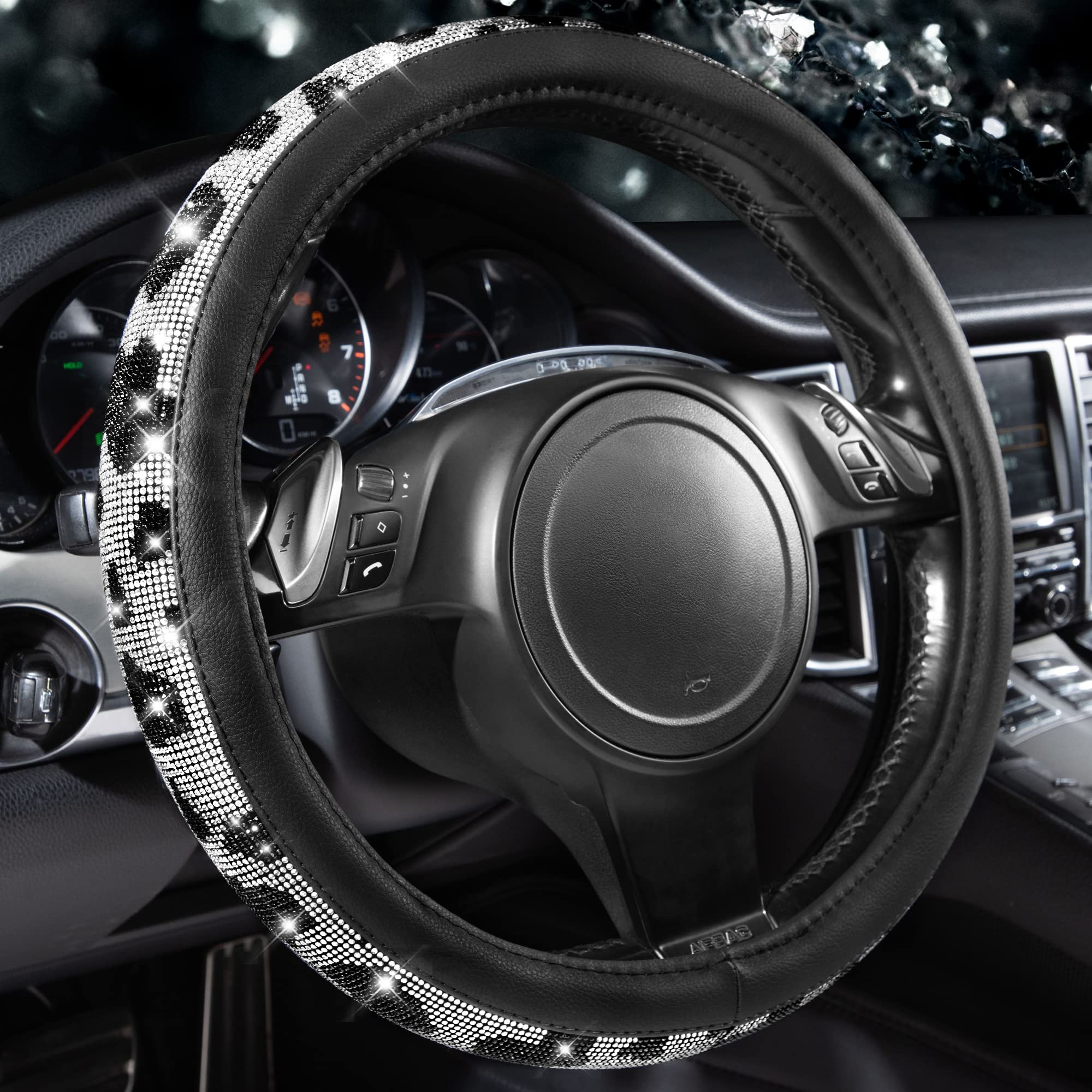 Car Pass Bling Cow Print Diamond Steering Wheel Cover, With Sparkly Crystal Glitter Rhinestones Black Leather Car Wheel Protect