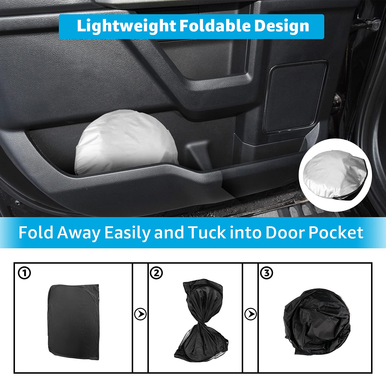 Proadsy Foldable Sunshade Protector for 2015-2020 Ford F-150 Lariat, King Ranch, Platinum, XL XLT, Limited, Raptor - Silver & Black