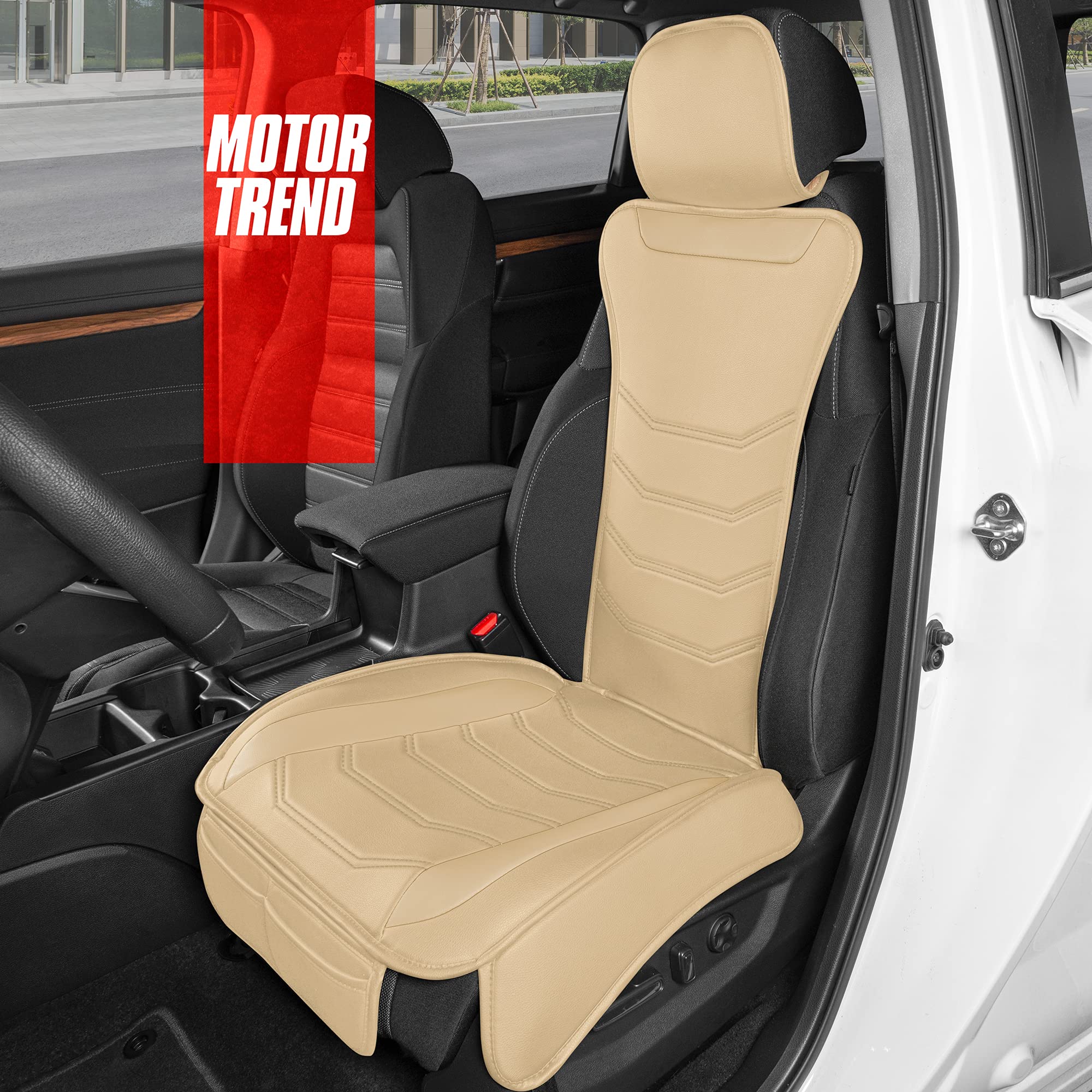 Motor Trend Luxefit Solid Beige Seat Cover For Cars Trucks Van Suv (1 Piece), Premium Faux Leather Car Seat Cover, Easy To Insta