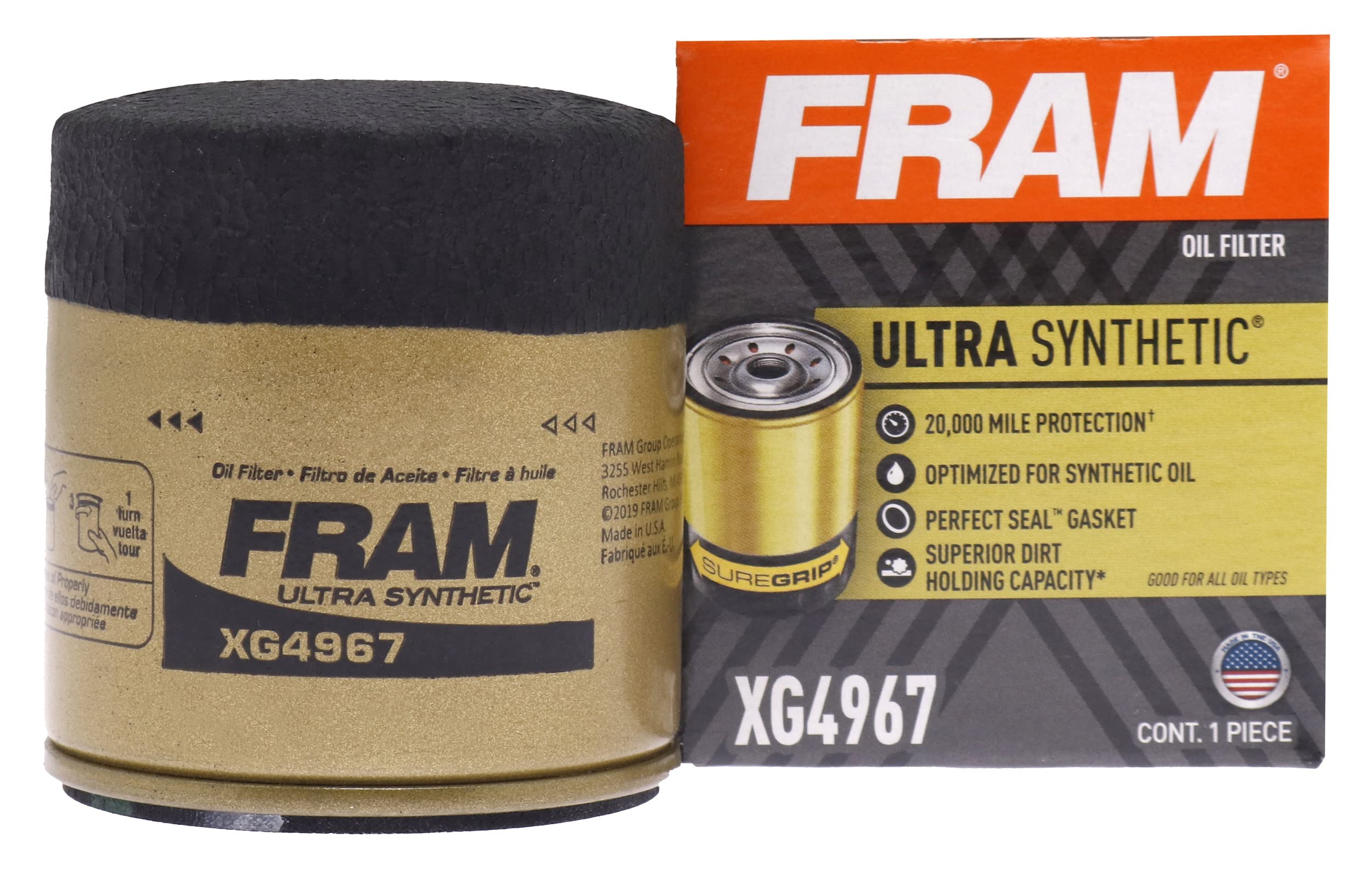 Fram Ultra Synthetic Automotive Replacement Oil Filter, Designed For Synthetic Oil Changes Lasting Up To 20K Miles, Xg4967 With Suregrip (Pack Of 1)