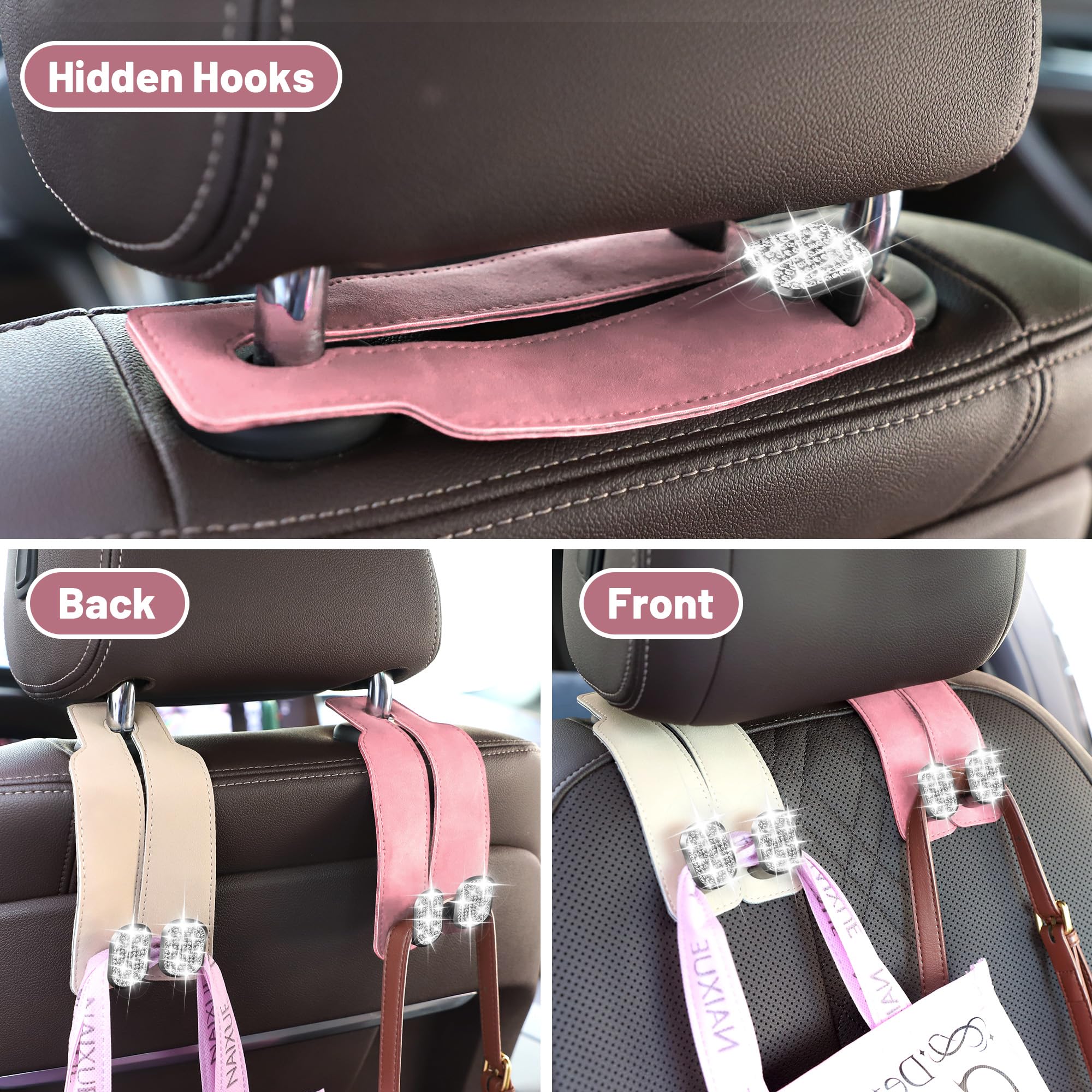 Amelity Car Seat Hooks for Headrest, Purse Hook for Car, Car Hooks for Purses and Bags, Bling Pink Car Accessories for Women (2