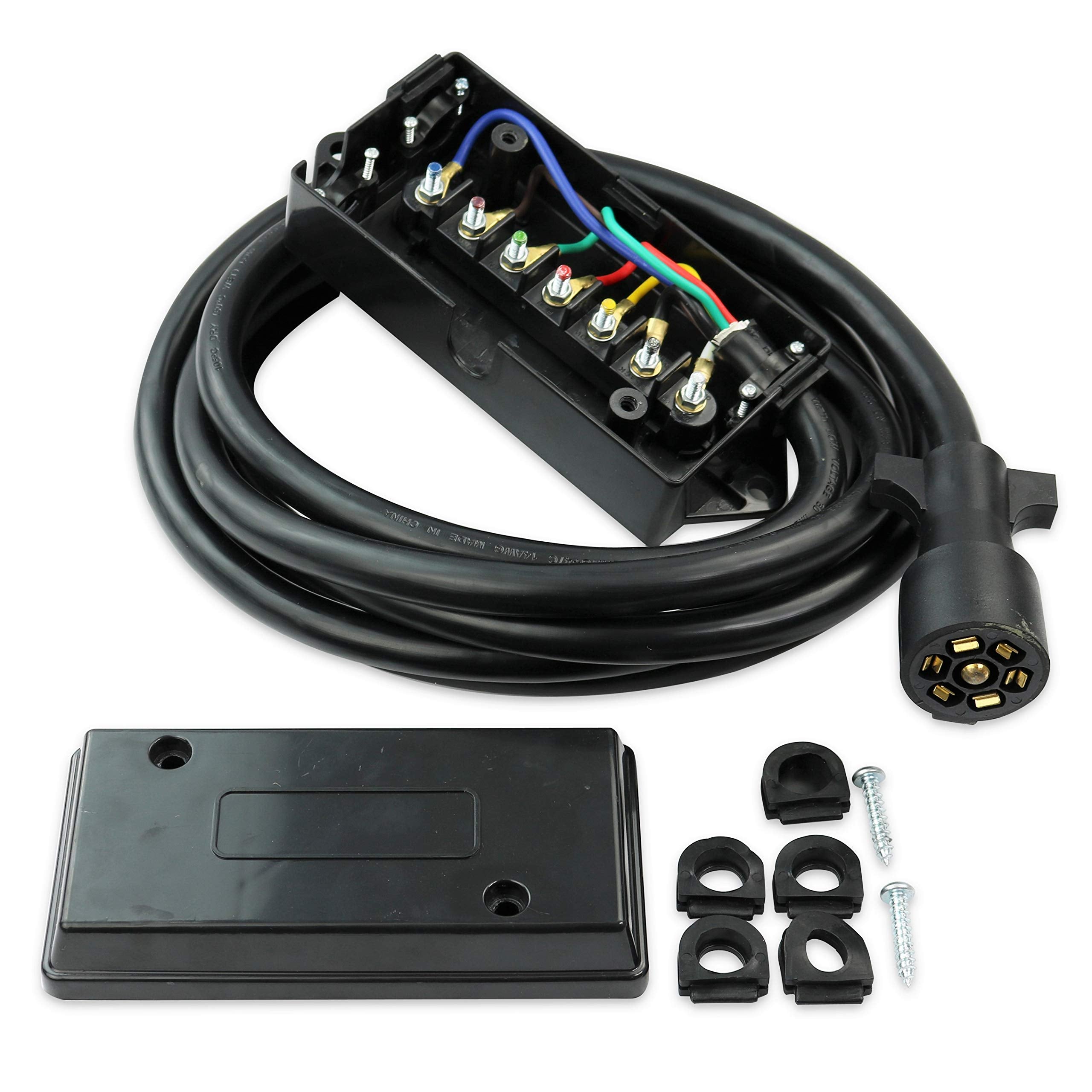 Leisure Cords Heavy Duty 7 Way Plug Inline Trailer Cord with 7 Gang Junction Box - 12 Feet, Weatherproof (12-Foot)