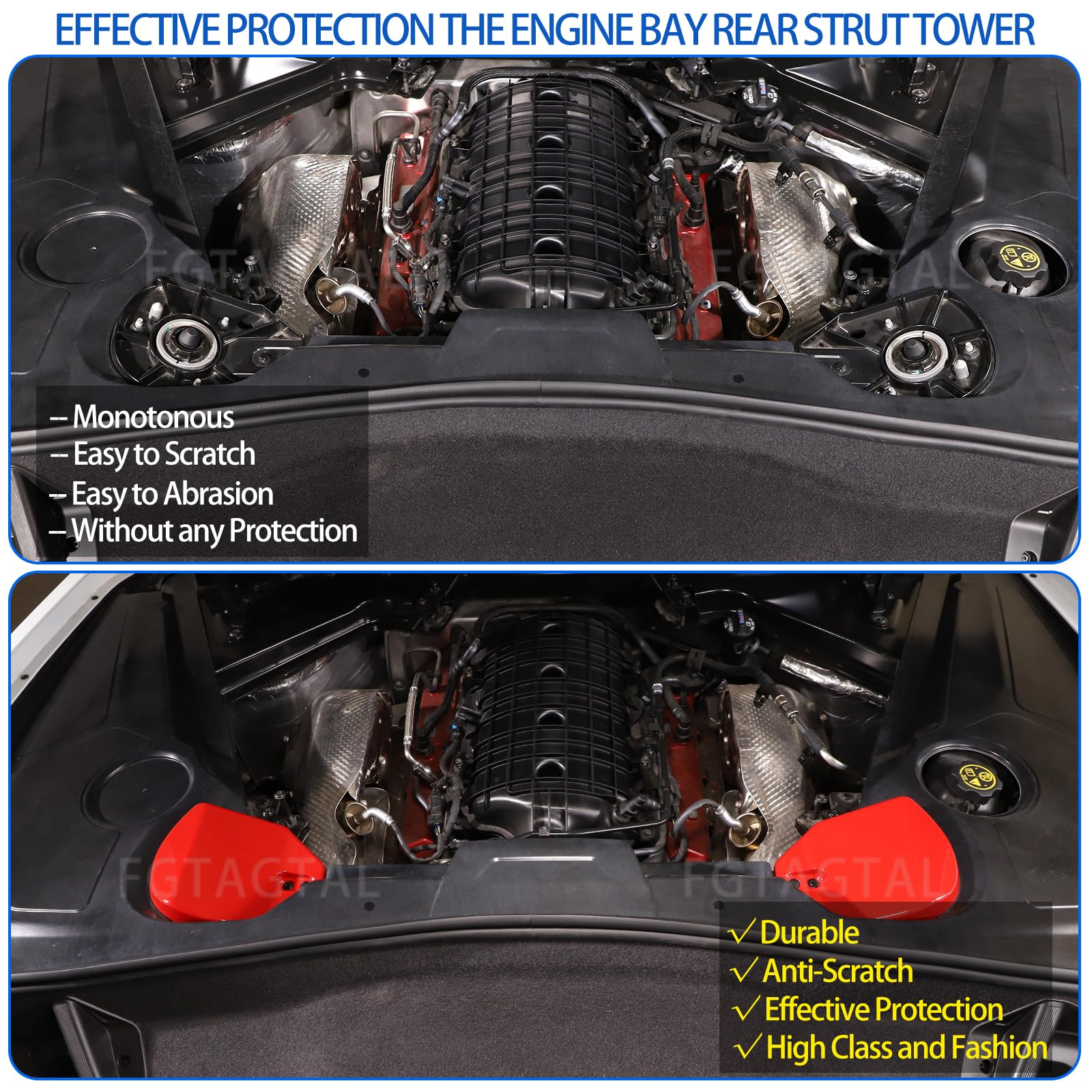 Fgtagtal Rear Strut Tower Cover for Chevrolet Corvette C8 2020-2024, Red ABS Protection Panel, 2PCS