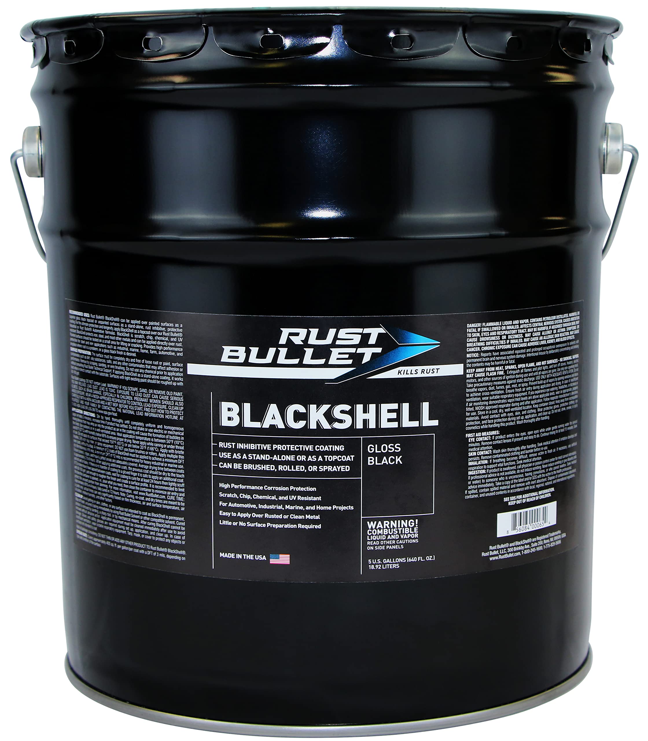 Rust Bullet Blackshell - Gloss Black - 5 Gallon - Corrosion Preventive Coating, Uv Resistant Rust Proofing Paint, Long-Lasting M