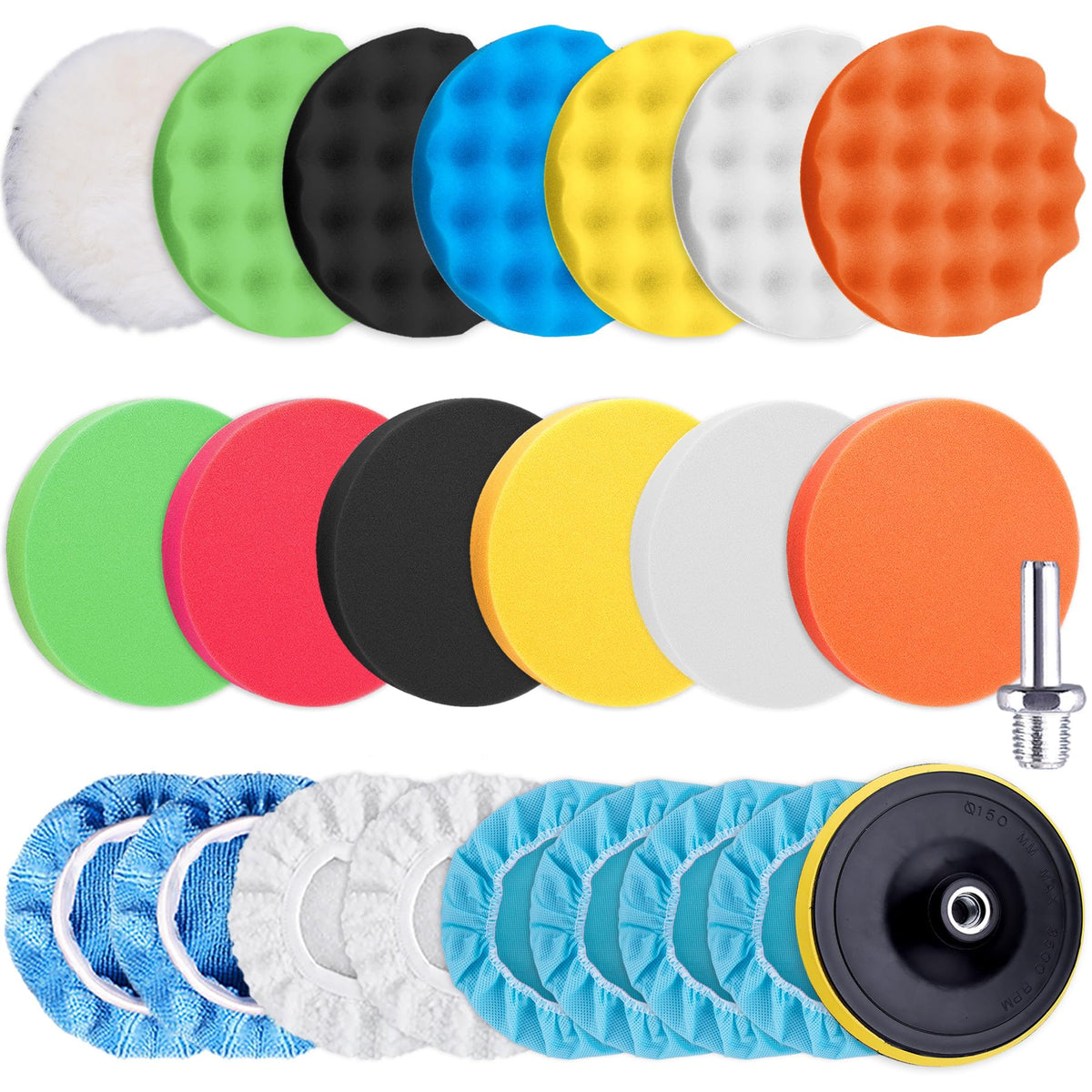 Siquk 23 Pieces 7 Inch Buffing Pads Car Polisher Bonnets Foam Polishing Pad Kit Wax Buffer Polish Pads Car Buffer Attachment For