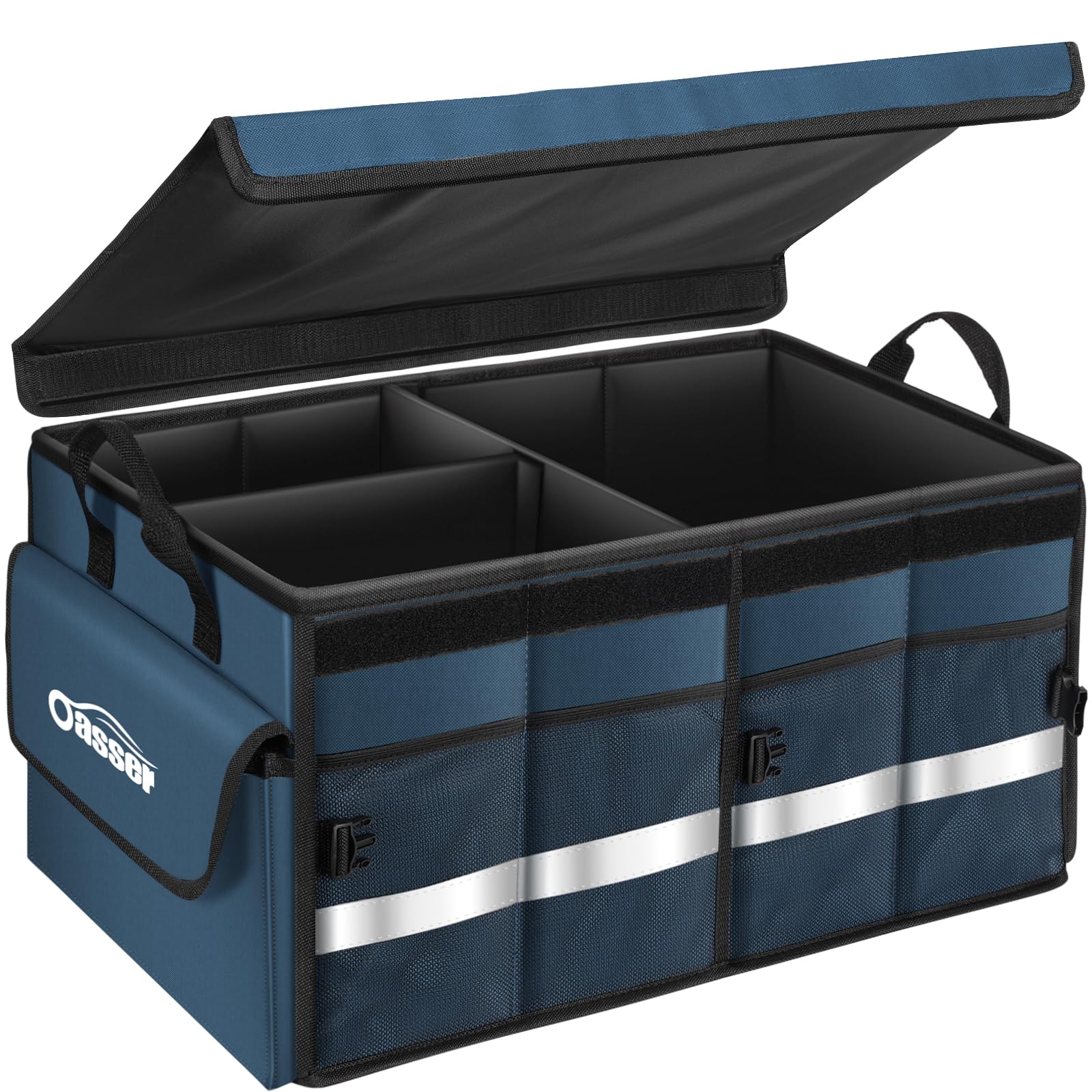 Oasser Car Trunk Organizer Collapsible Multi Compartments Trunk Organizer For Suv With Foldable Cover Reflective Strip (Standard