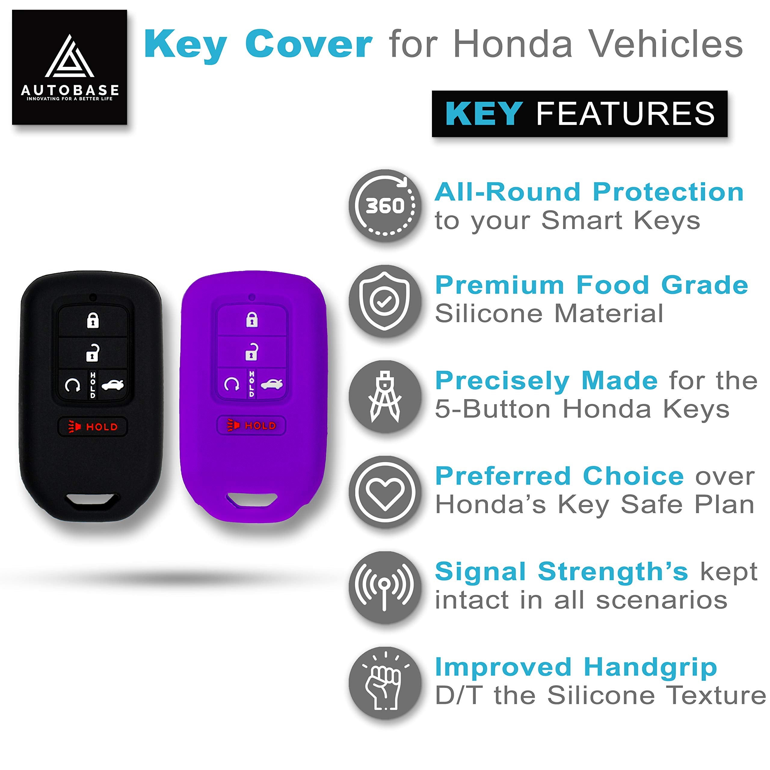 Autobase Silicone Key Fob Cover Compatible With Honda Accord Civic Cr-V Crv Pilot Passport Insight Ex Ex-L Touring | Car Accesso