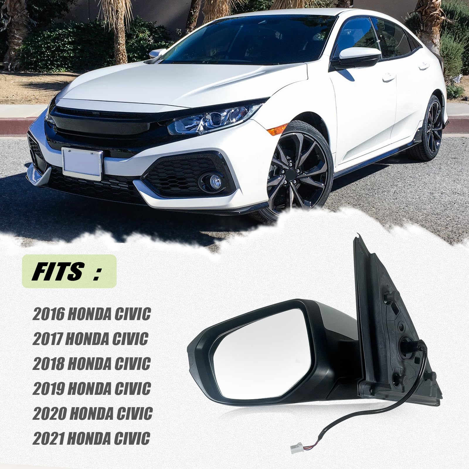 Lqito Left Driver Side Door Mirror For 2016-2021 HONDA CIVIC LX SE Sport with Power Mirror Manual Folding Non-Heat Match to Taff