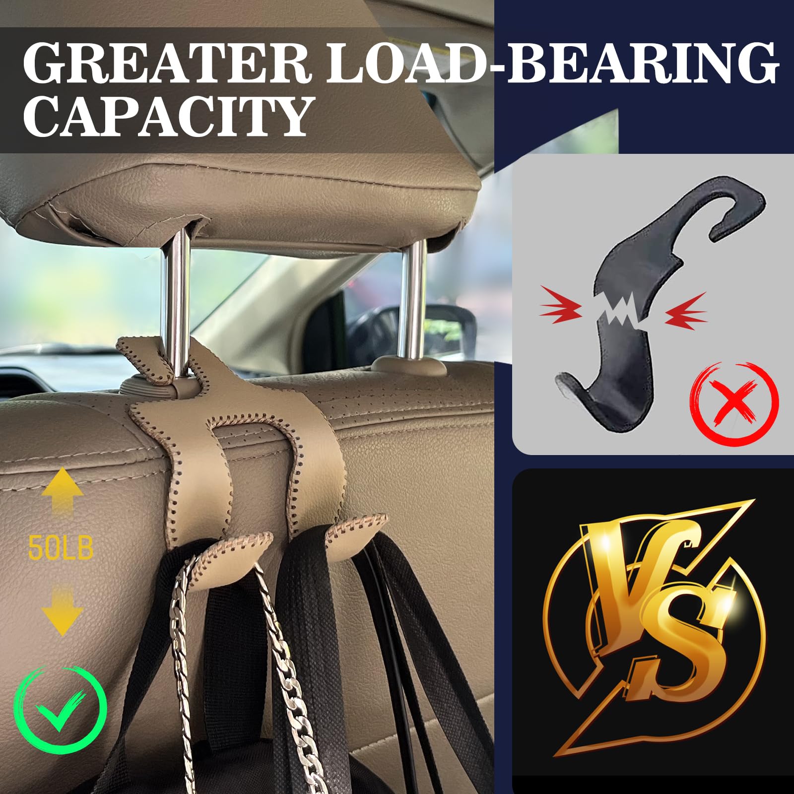 Tisohugo Upgraded Headrest Hooks For Purses And Bags, 2 In 1 Car Back Seat Head Rest Hanger Matching Cars Interior Genuine Leath