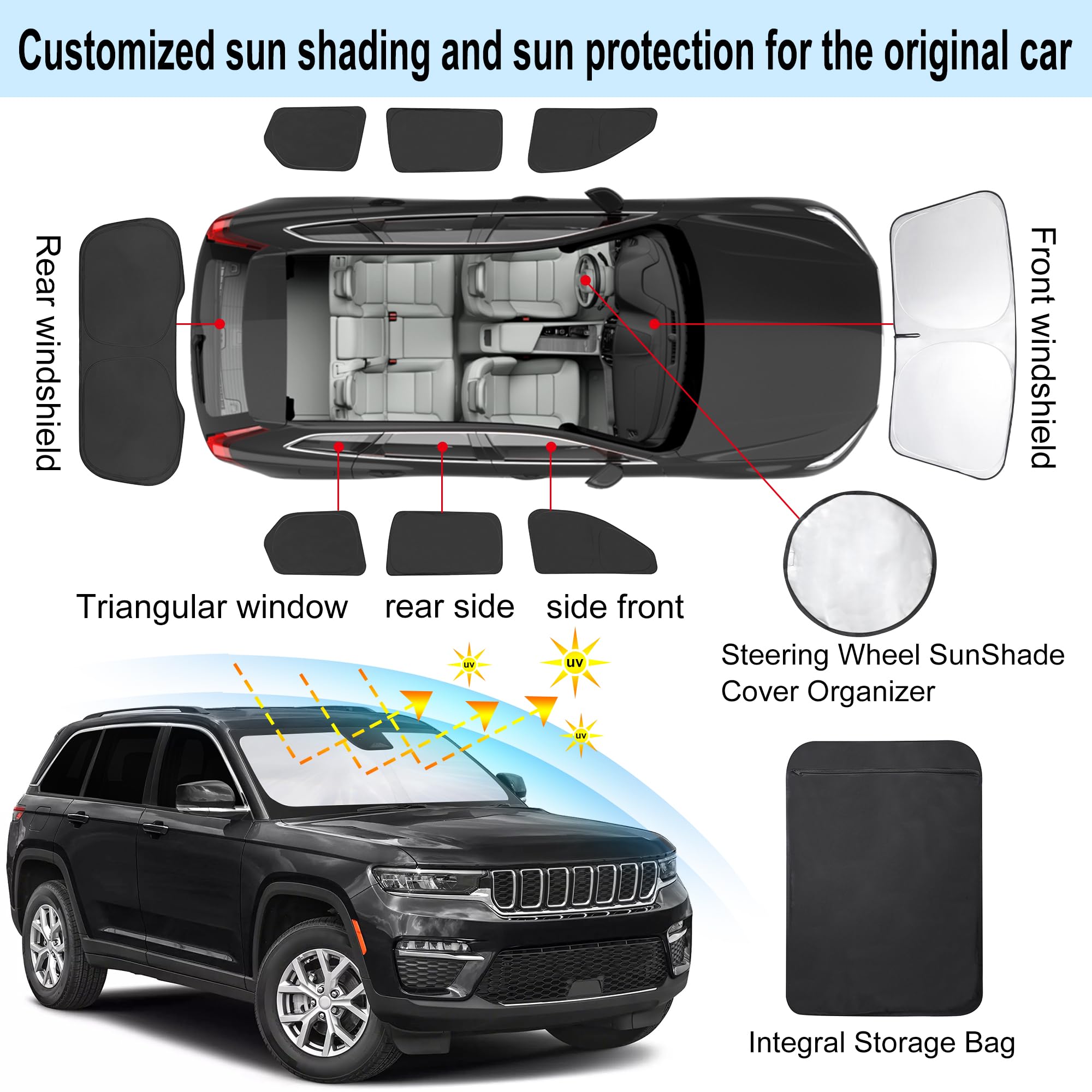 Tinglu 8Pcs Window Shades For Jeep Grand Cherokee 2022-2025(Not For Grand Cherokee L&Jeep Cherokee) Accessories Car Side Full Wi