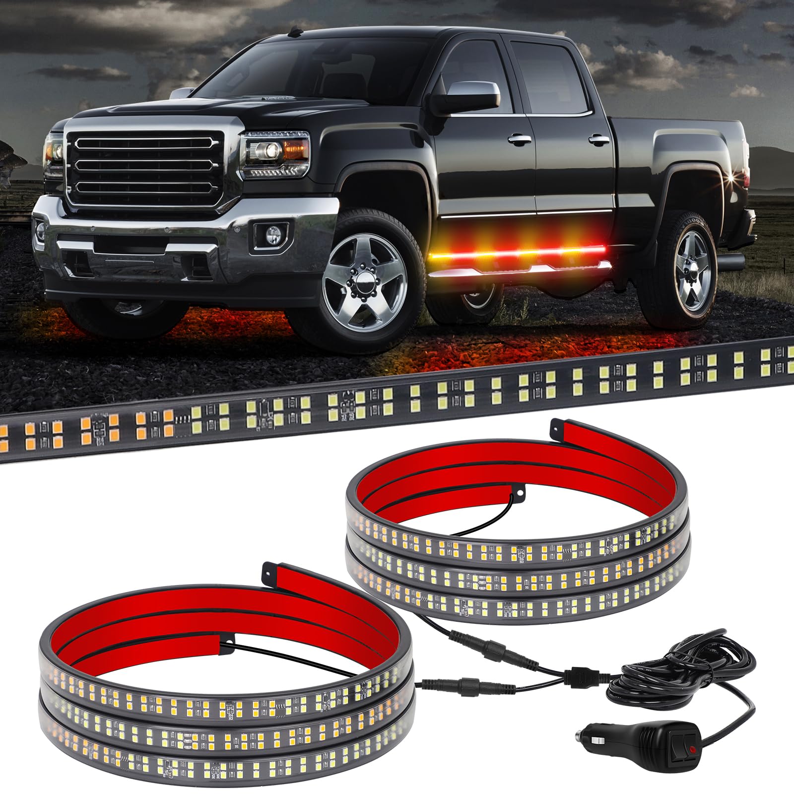 Xridonsen 2Pcs 70 Inch Truck Amber Red Emergency Lights Strip 864 Led Running Board Strobe Lights Bar Firefighter Lights Flashin
