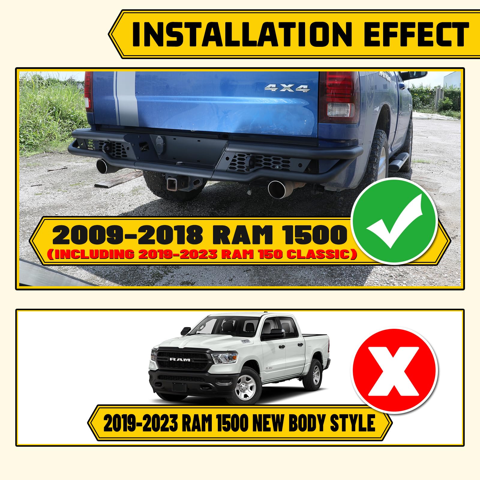 Autofree Rear Bumper For 2009-2018 Dodge Ram 1500 Pickup Truck / 2019-2023 Ram 1500 Classic Bumper, Offroad Paintable Back Bumper With Led Pod Light With Licence Lamp/D-Ring Shackles