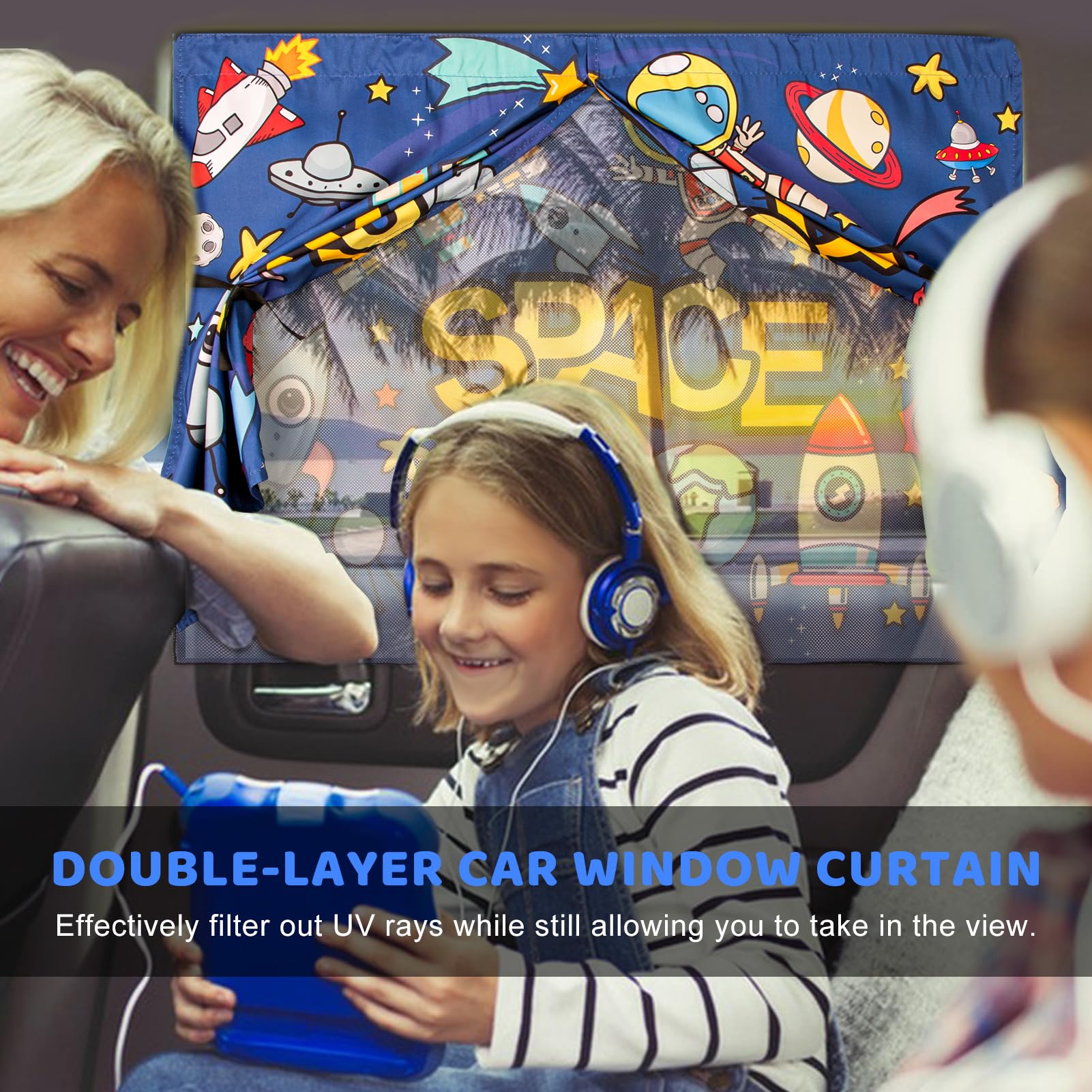 Car Sun Shade Side Window, 2Pcs Magnetic Double Layer Car Window Shades For Privacy Full Covers/Half Shade Options Cute Space Pa