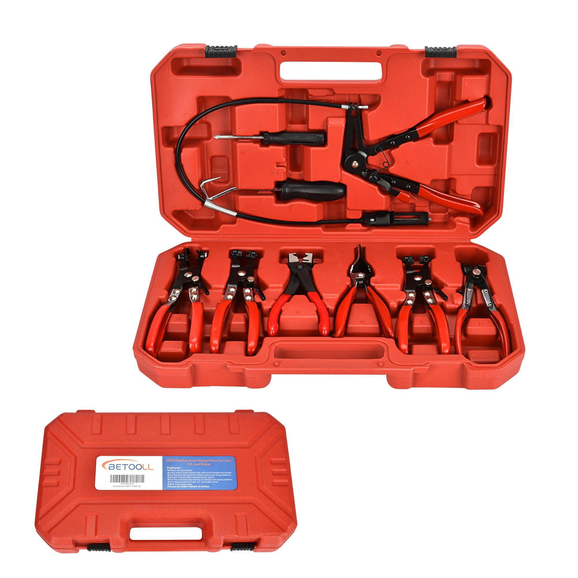 Betooll 9Pcs Wire Long Reach Hose Clamp Pliers Set Fuel Oil Water Hose Auto Tools