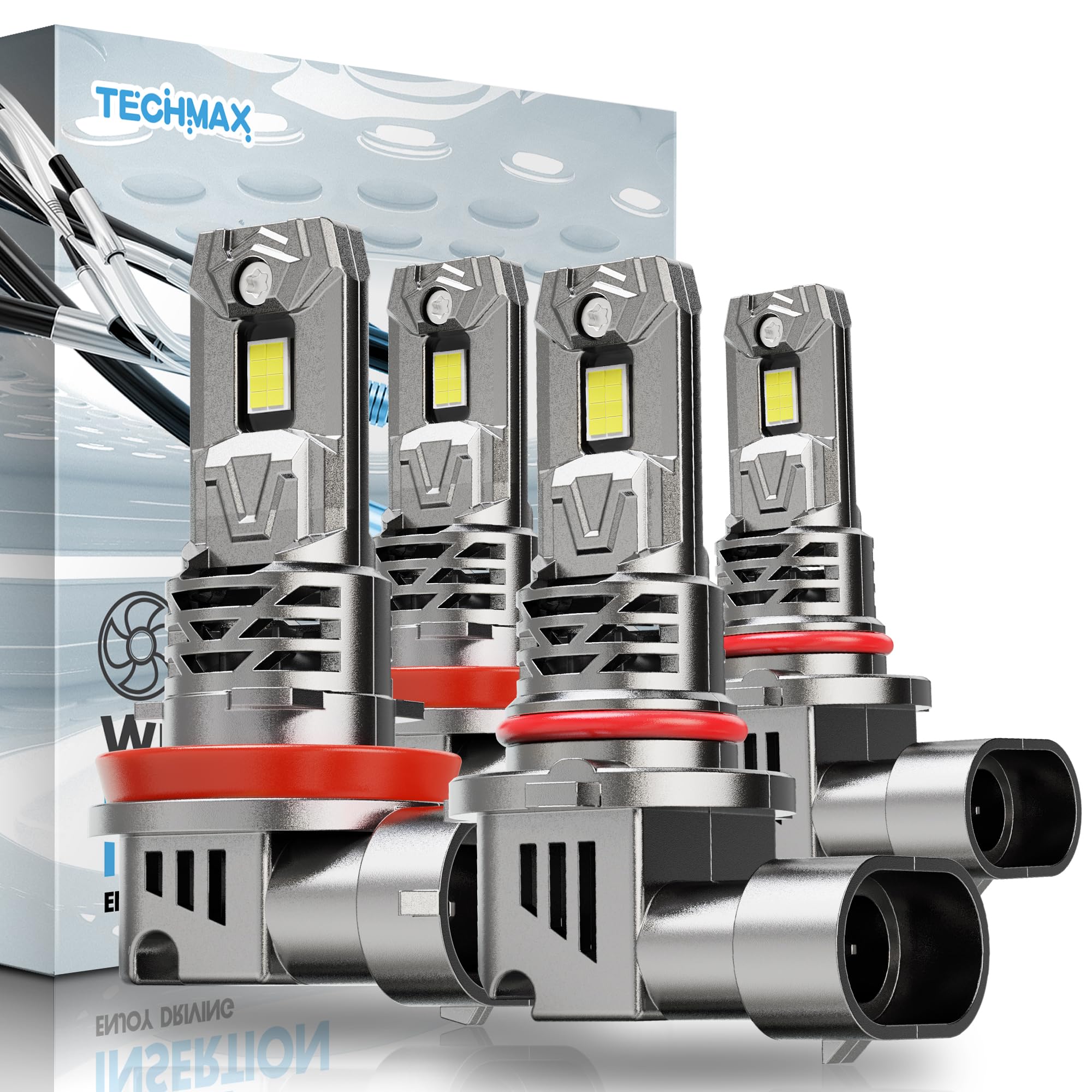 Techmax H11/H9/H8 9005/Hb3 Bulbs Combo - 800% Brighter 6500K, Xenon White With Cooling Fan, 1:1 Size Front Light Bulb,Fog Light