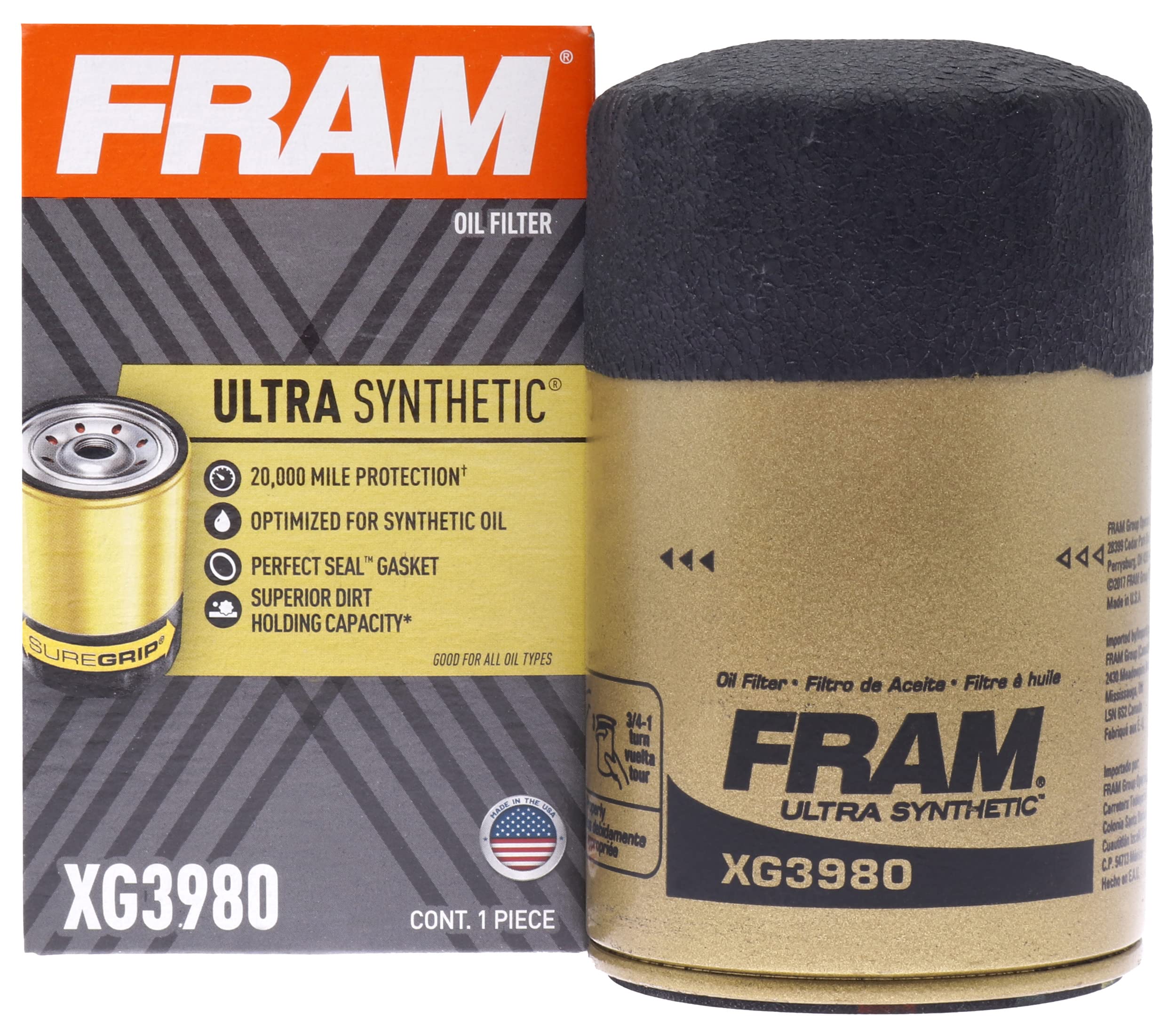 Fram Ultra Synthetic Automotive Replacement Oil Filter, Designed For Synthetic Oil Changes Lasting Up To 20K Miles, Xg3980 With Suregrip (Pack Of 1)
