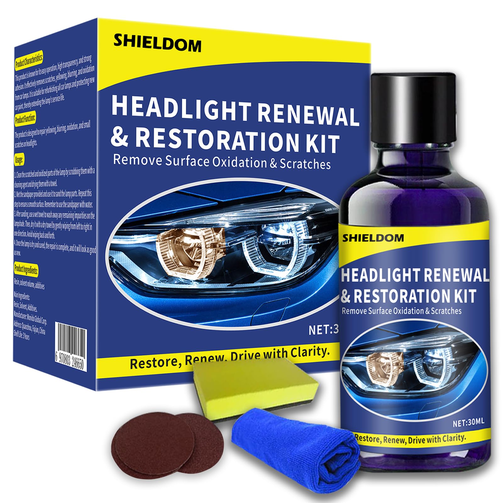 Shieldom Car Headlight Restoration Kit Restorer For Auto Headlamp Cleaner Renewal Set Of | 3X Sandpaper | 1X Sponge | 1X Towel |