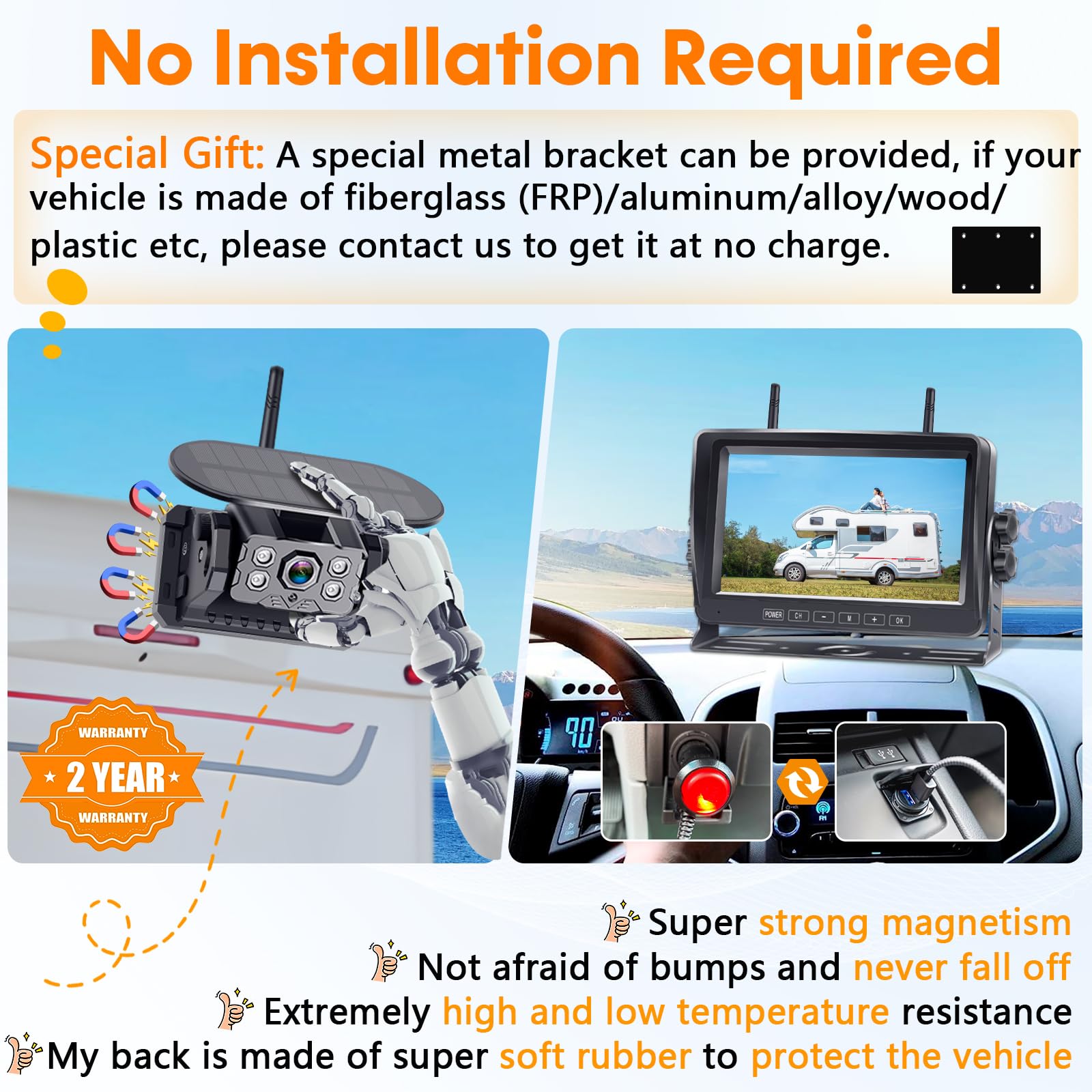 Rv Backup Camera Wireless For Trailer No-Installation: Hd 1080P Solar Rv Camera Long Battery Life With 7 Inch Recording Monitor