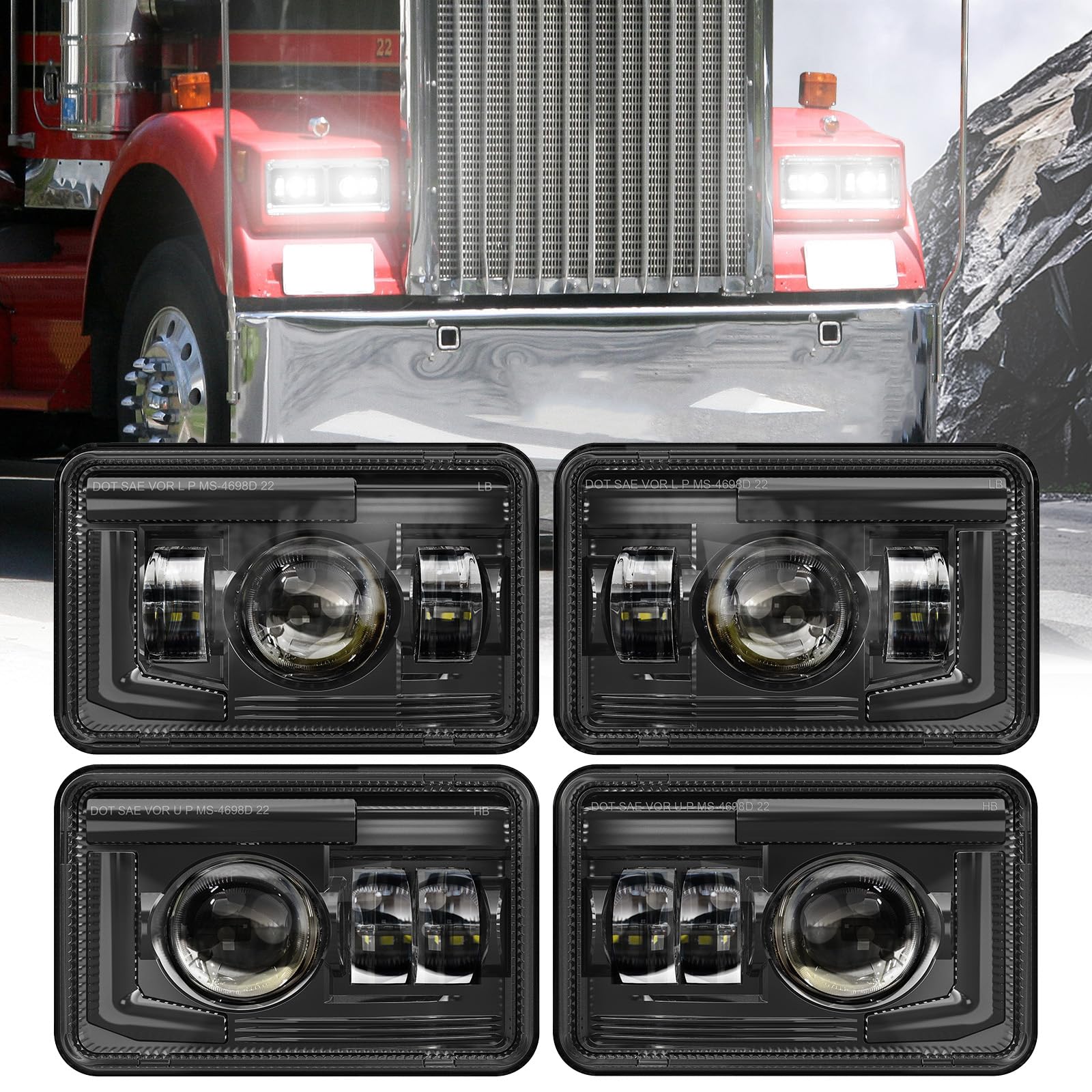 Z-Offroad Dot Approved 4X6 Led Headlights Assembly Hi/Lo Sealed Beam Compatible With Kenworth T800 T600 Peterbilt 379 Freightliner Chevy Oldsmobile Cutlass H4651 H4652 H4656 H6545 H4666, 4Pcs-Black
