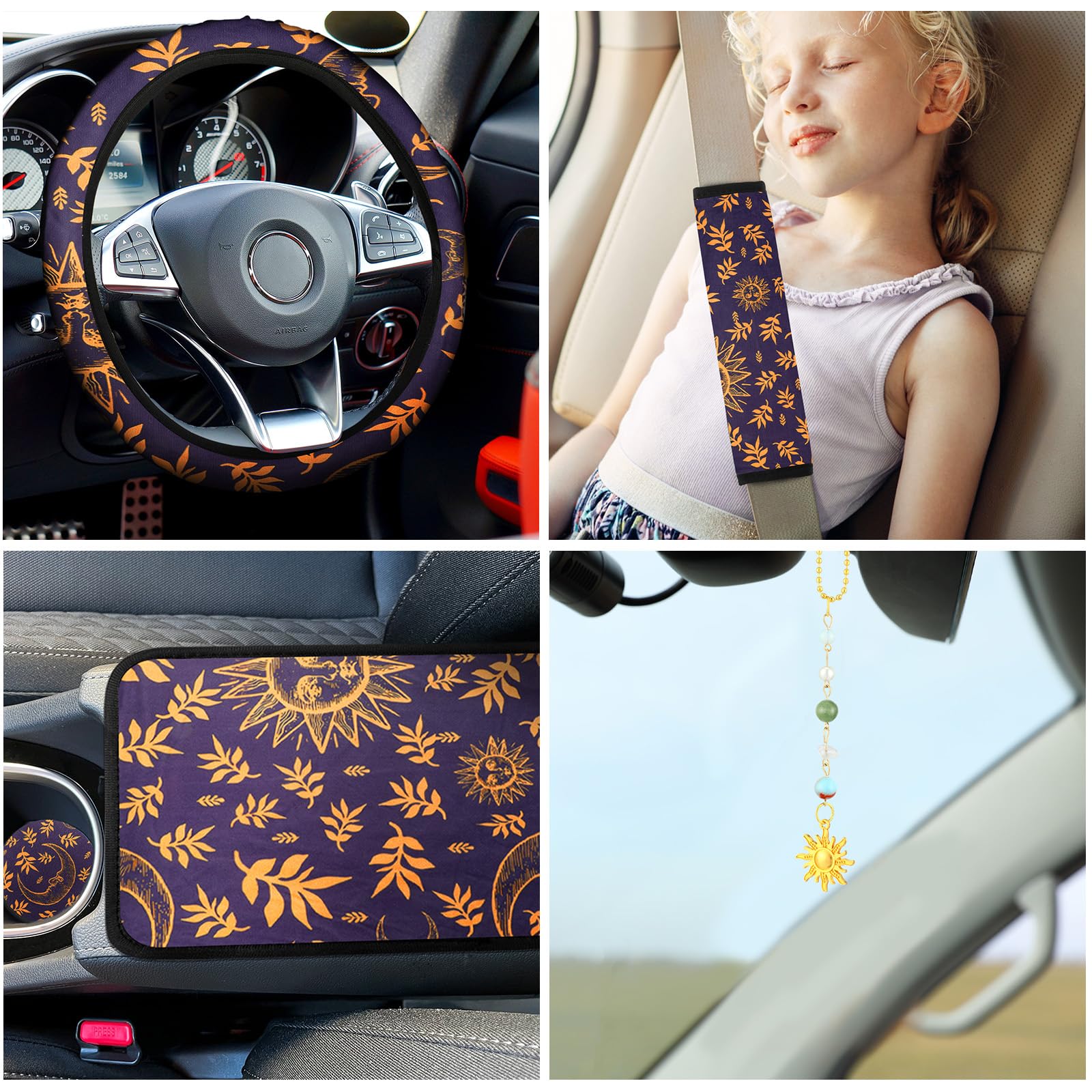 17 Pcs Sun and Moon Car Seat Covers Sun and Moon Car Accessories Full Set for Women Men Automotive Rear Front Seat Protector Vie